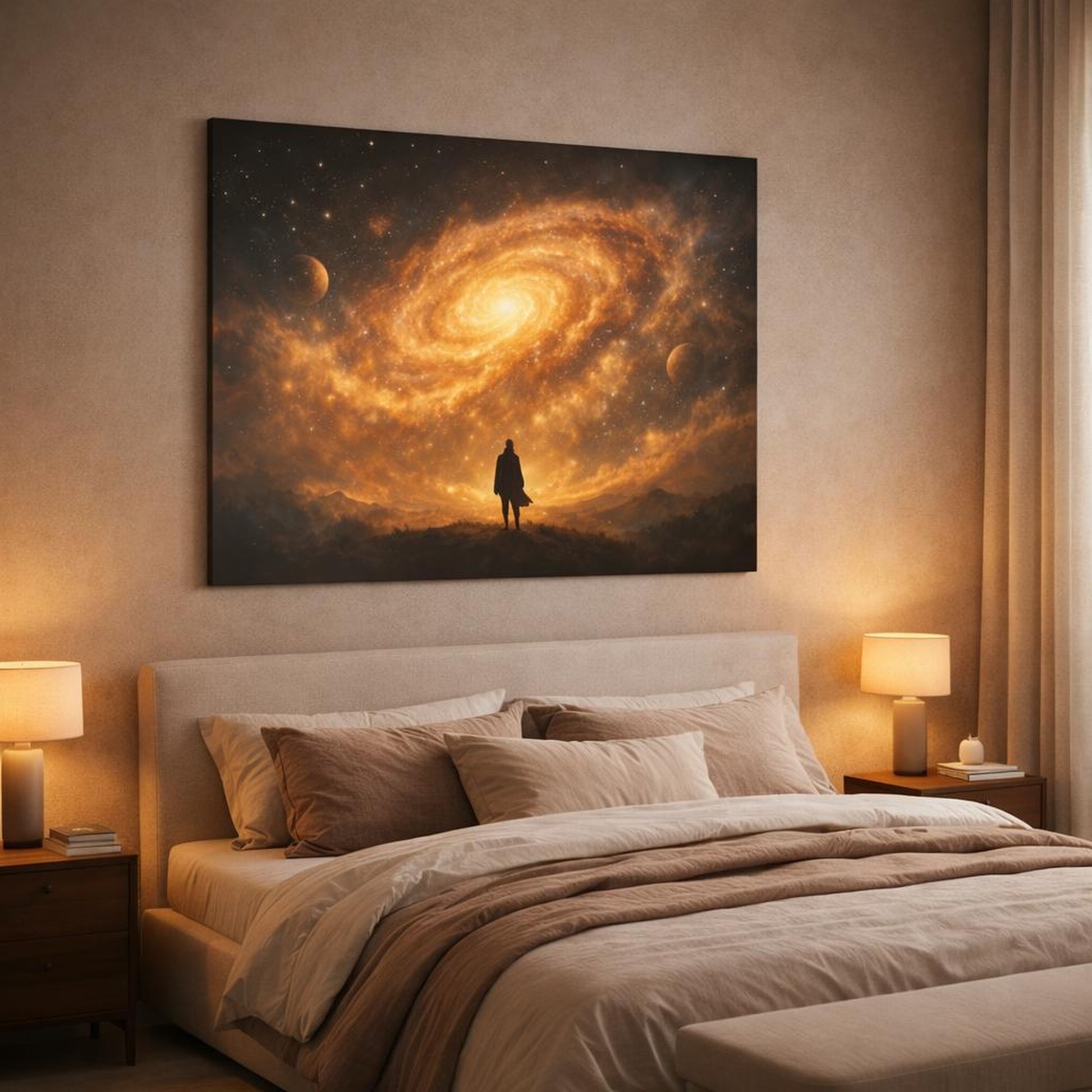 Golden Glow Galaxy Art shown as canvas wall art in a luxury bedroom