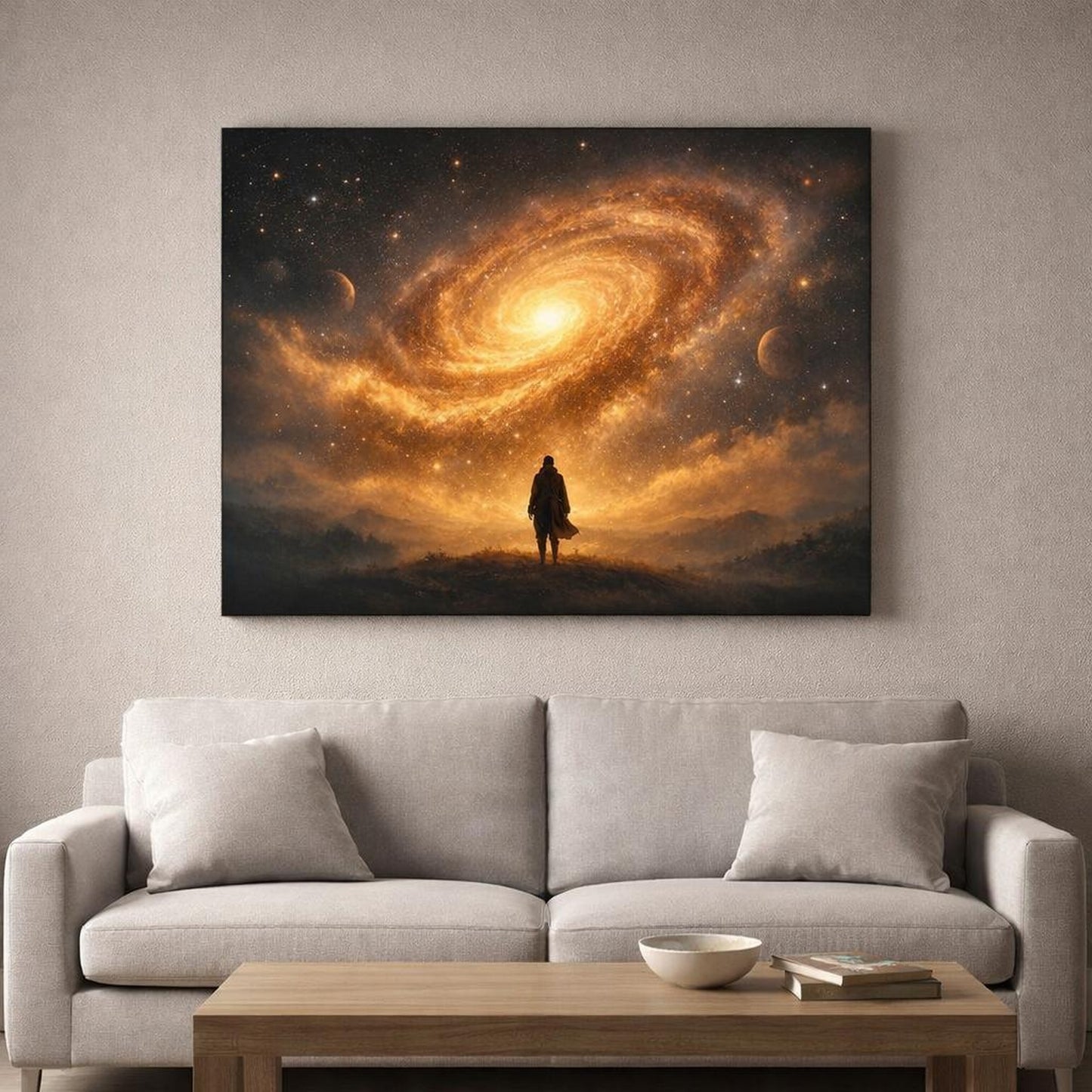 Golden Glow Galaxy Art shown as canvas wall art in a refined dining room