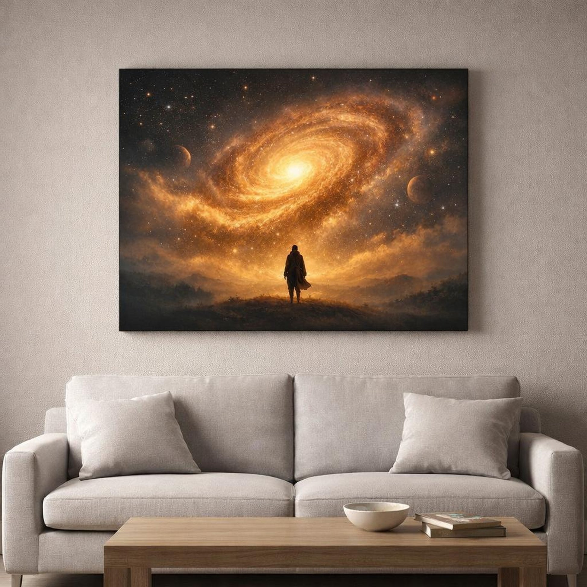Golden Glow Galaxy Art shown as canvas wall art in a refined dining room
