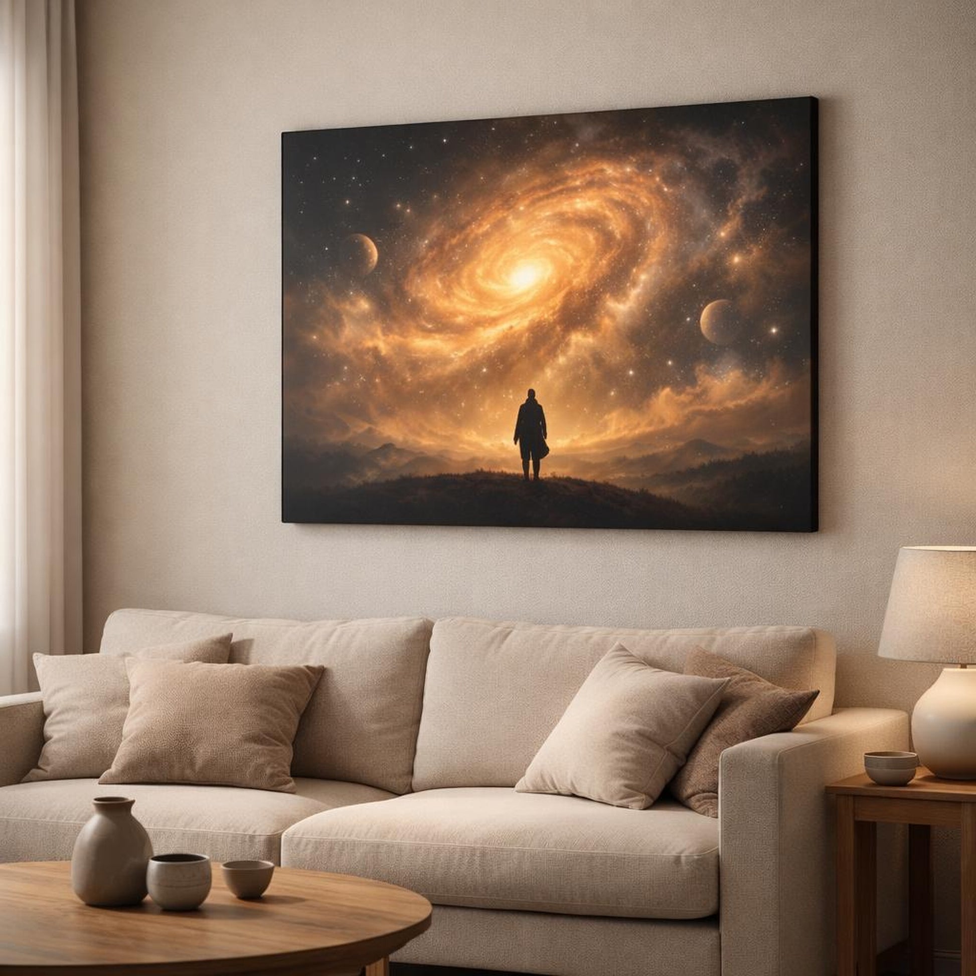 Golden Glow Galaxy Art shown as canvas wall art in a modern living room