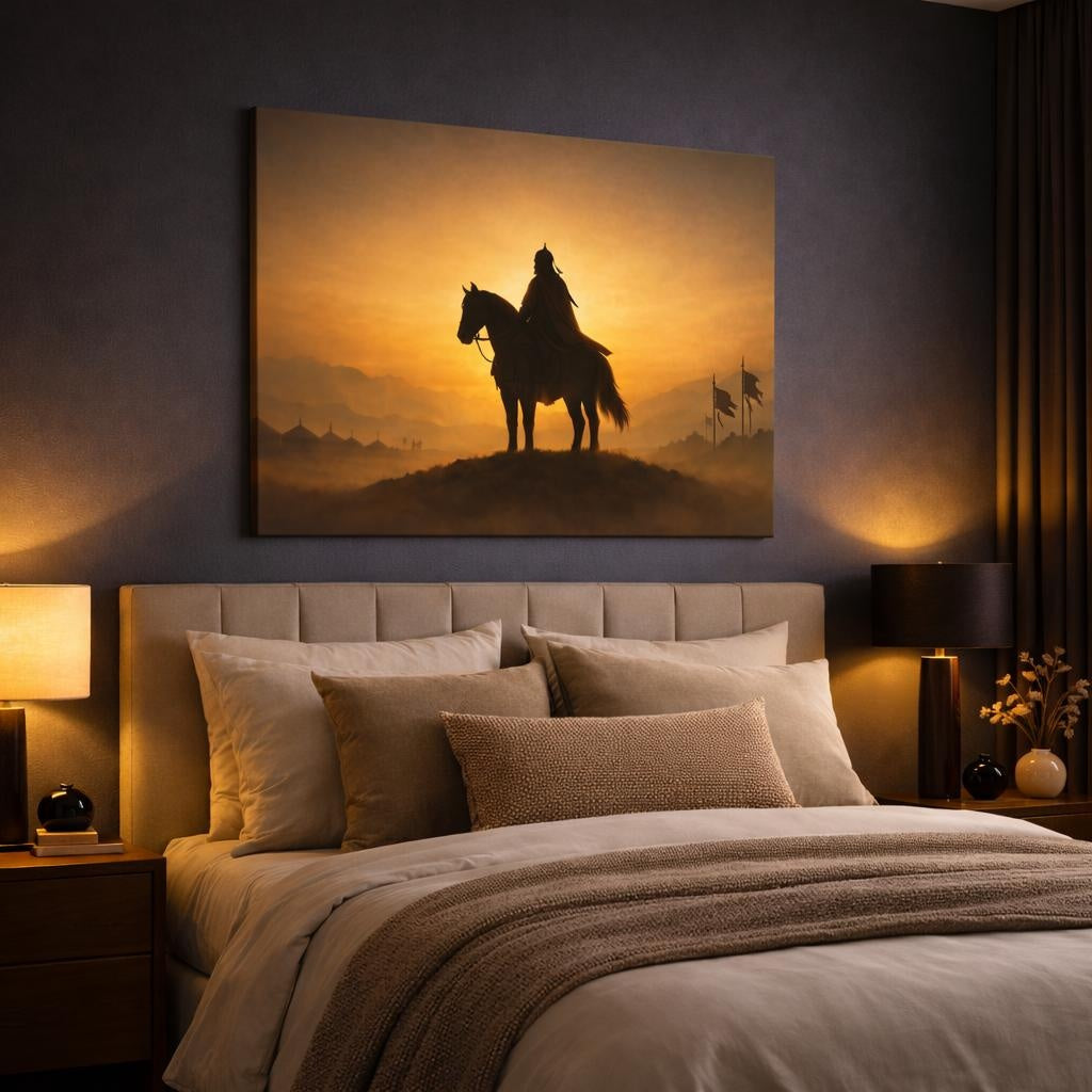 Golden Glow Genghis Khan shown as canvas wall art in a luxury bedroom