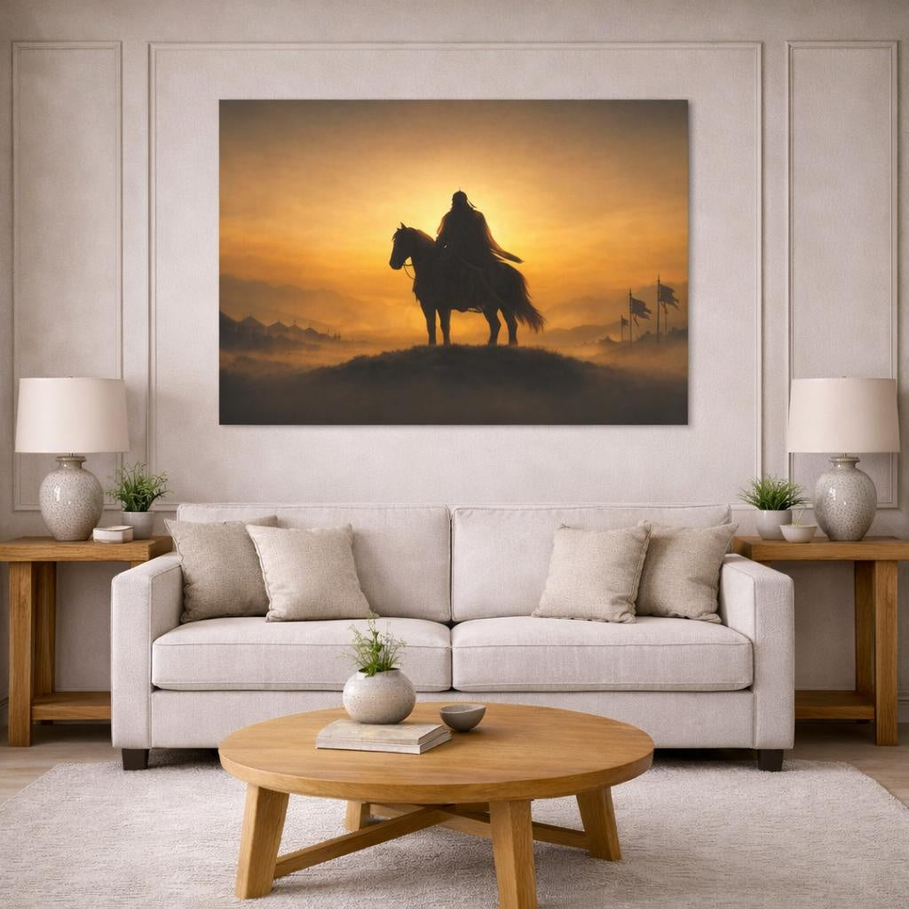 Golden Glow Genghis Khan shown as canvas wall art in a modern living room