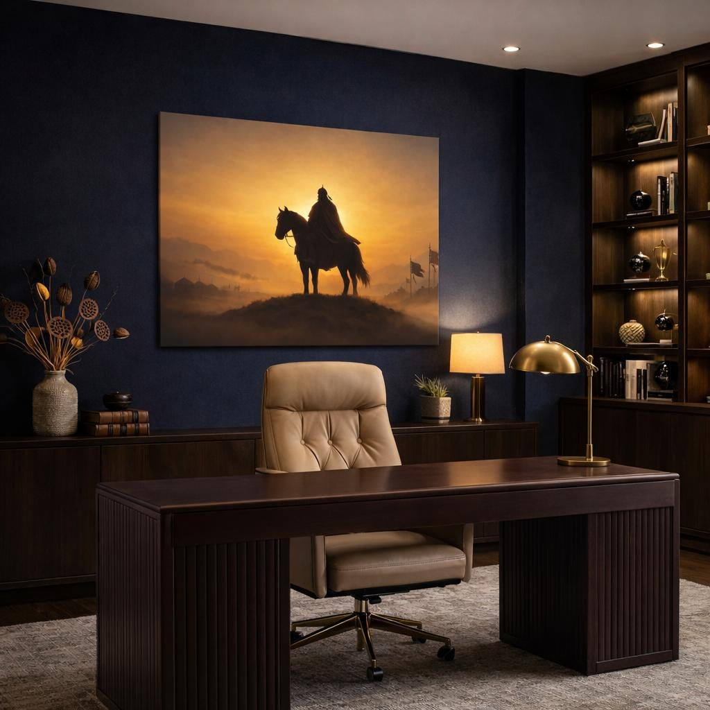 Golden Glow Genghis Khan shown as canvas wall art in a refined dining room