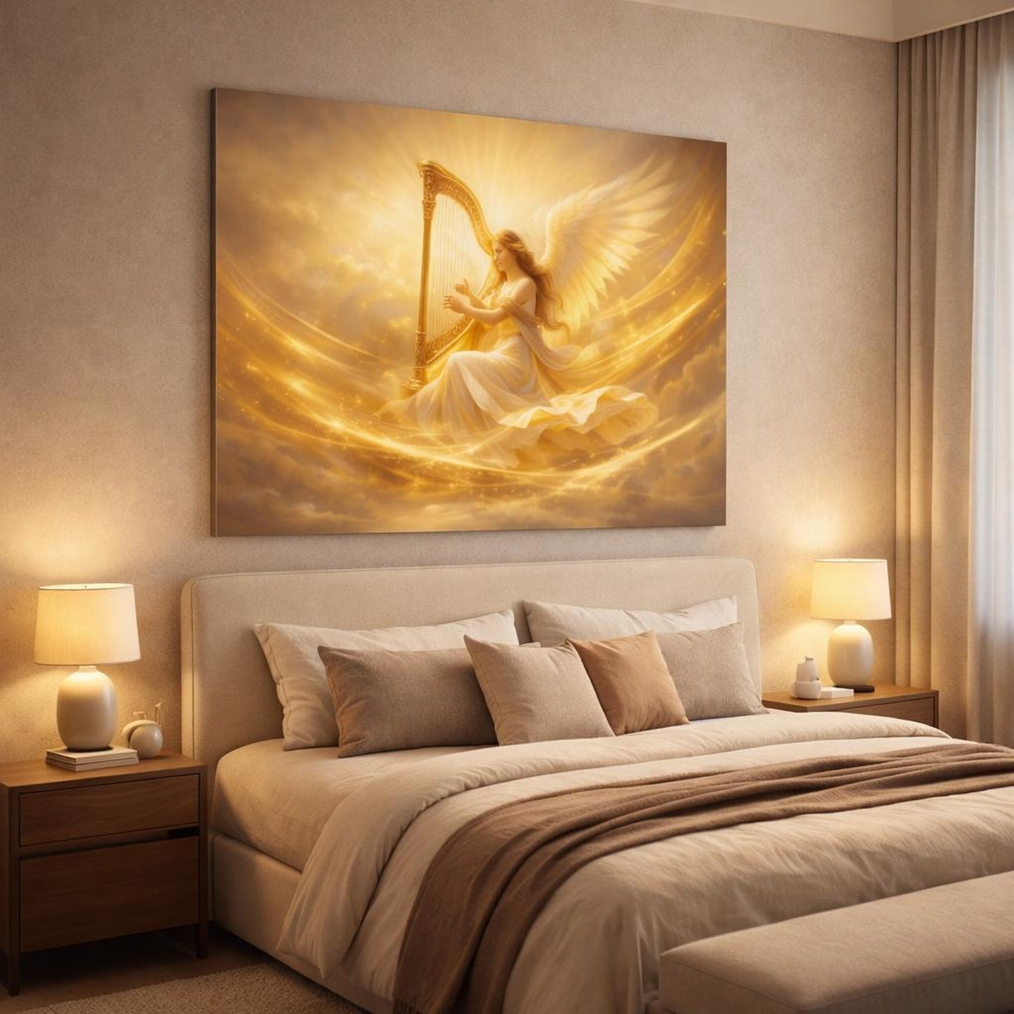 Golden Glow Harp shown as canvas wall art in a luxury bedroom