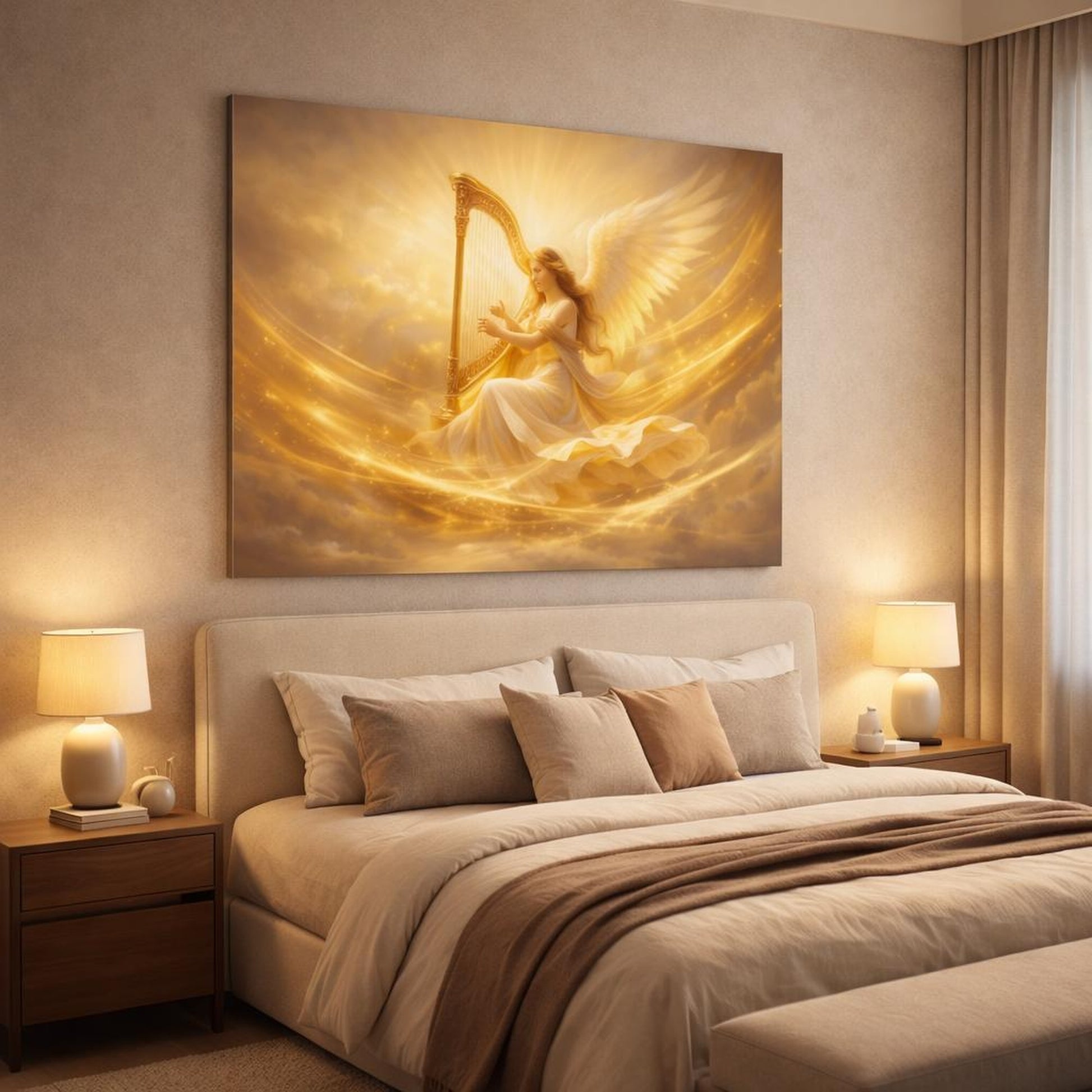 Golden Glow Harp shown as canvas wall art in a luxury bedroom
