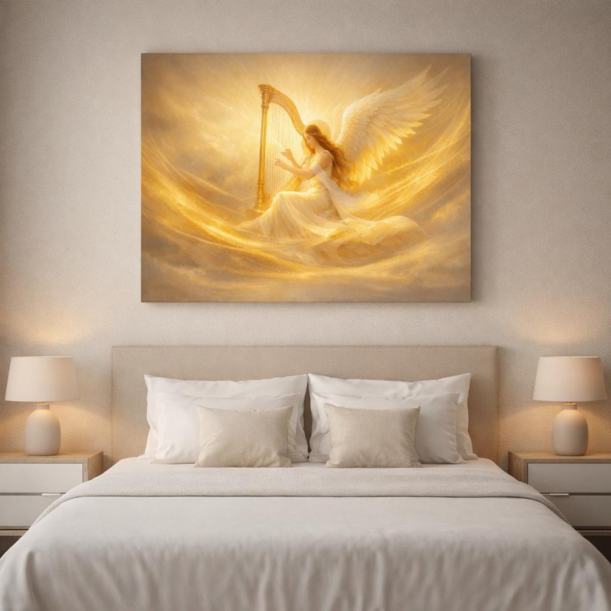 Golden Glow Harp shown as canvas wall art in a refined dining room