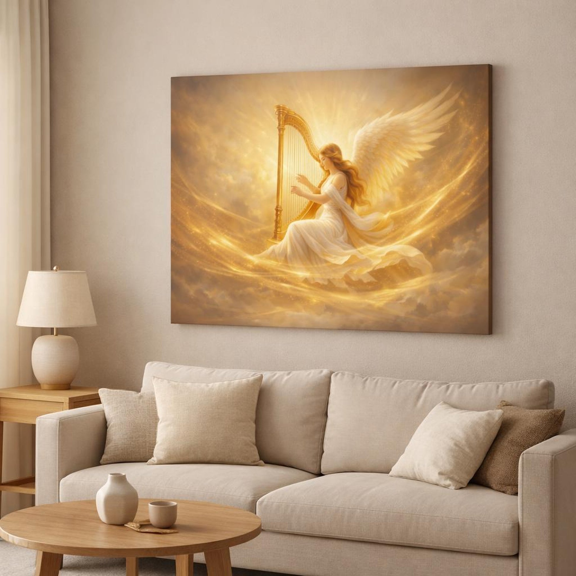 Golden Glow Harp shown as canvas wall art in a modern living room