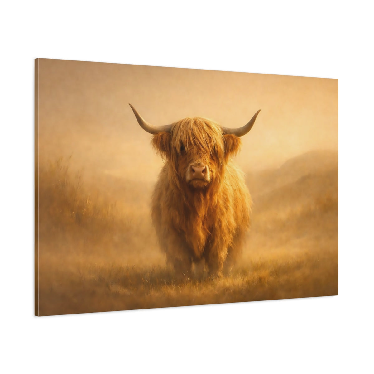 Main Mockup. Golden Glow Highland Cow shown as stretched canvas wall art