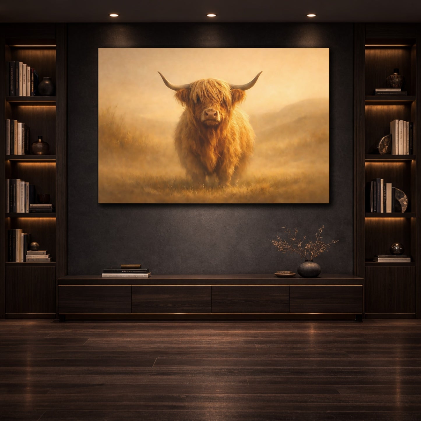 Mockup 2. Golden Glow Highland Cow shown as stretched canvas wall art