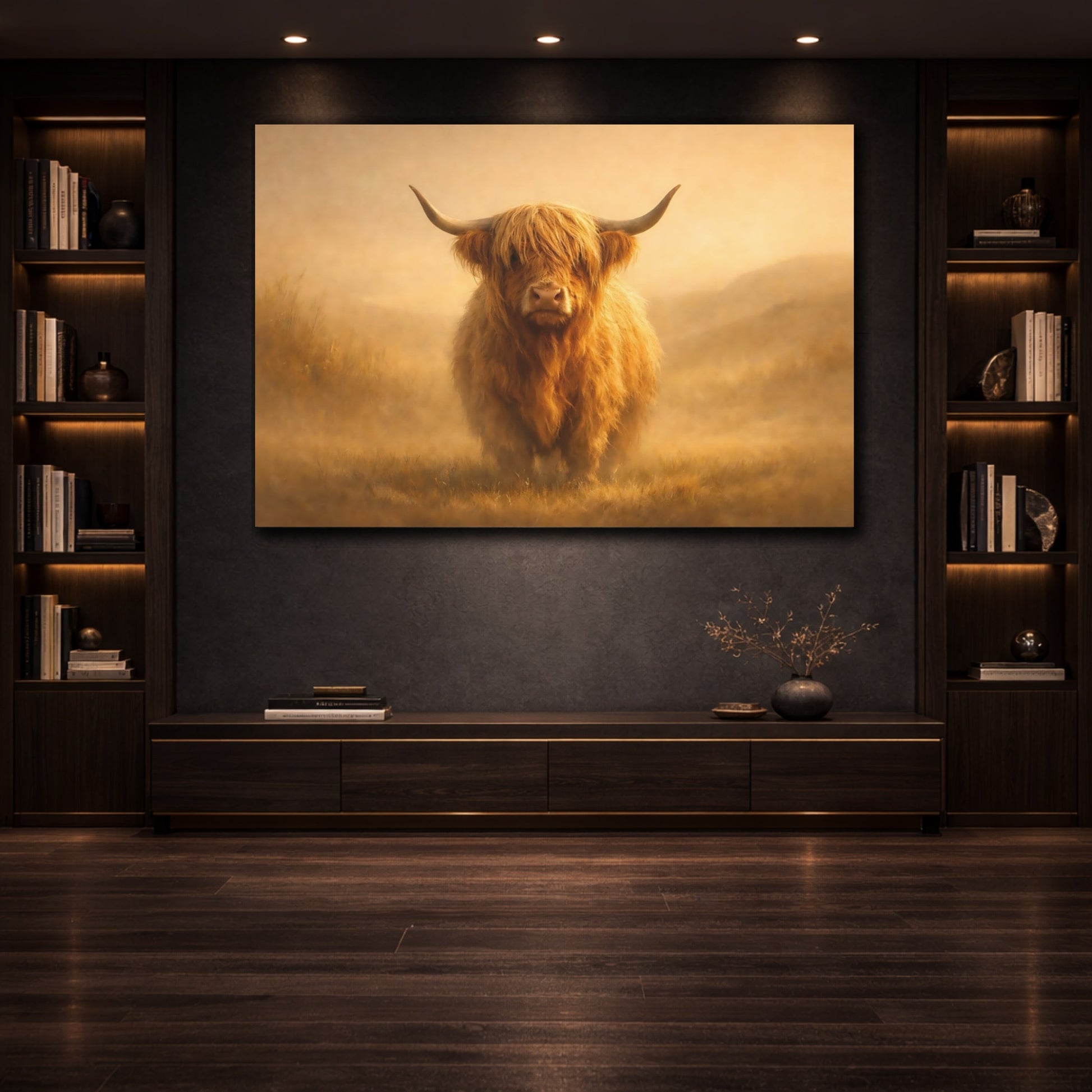 Mockup 2. Golden Glow Highland Cow shown as stretched canvas wall art
