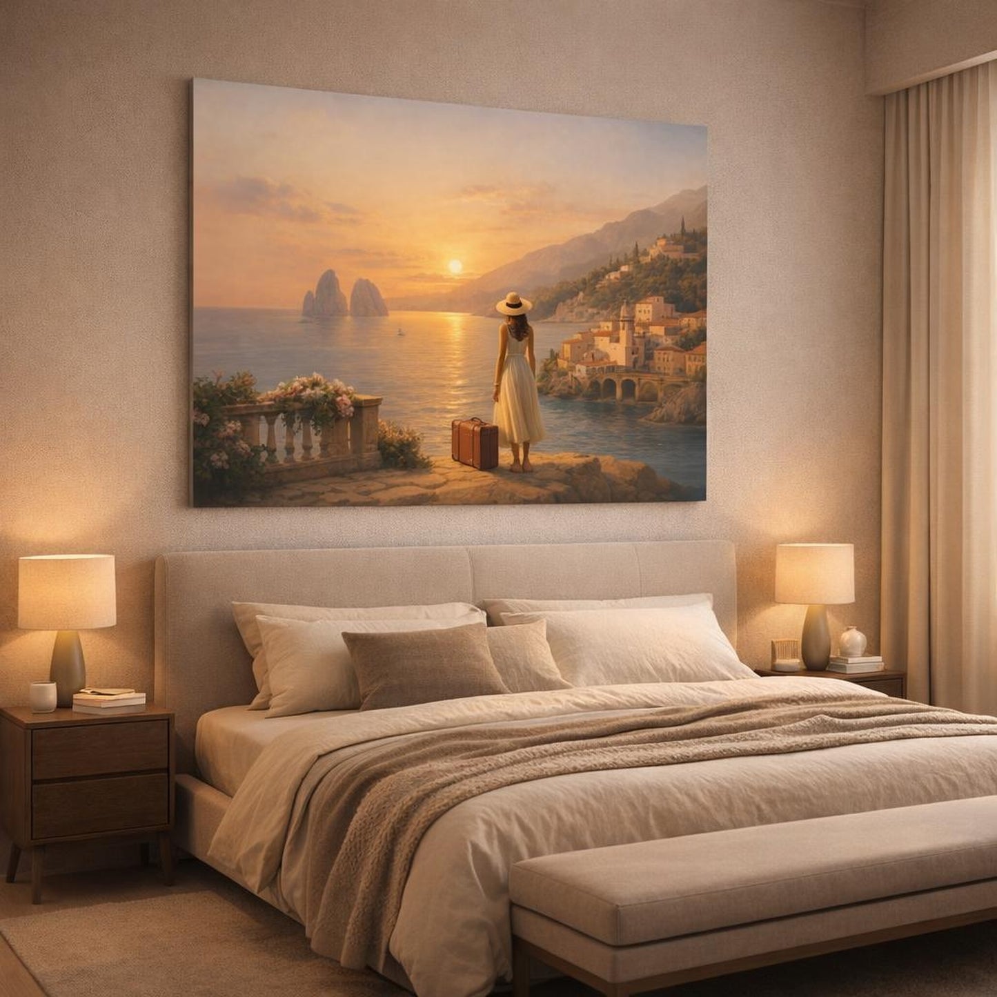 Golden Glow Italian Coast shown as canvas wall art in a luxury bedroom