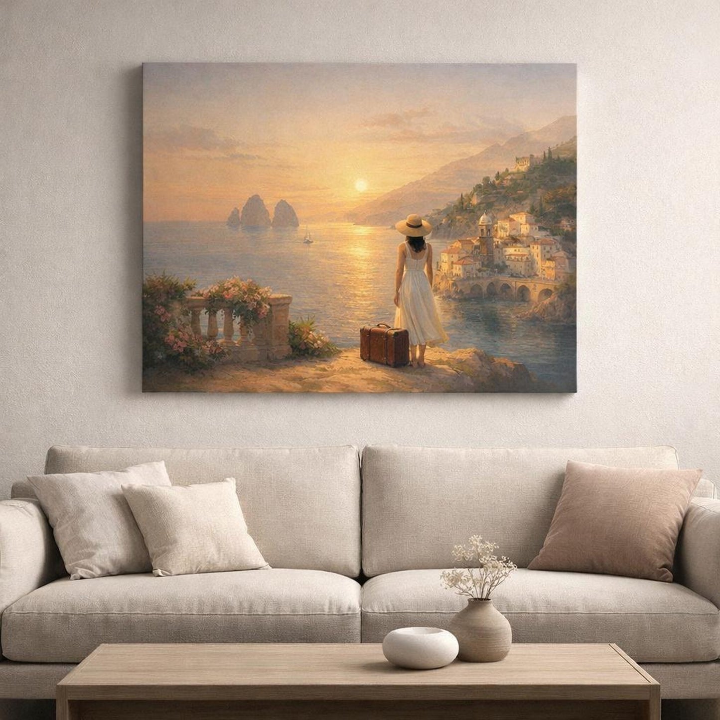 Golden Glow Italian Coast shown as canvas wall art in a refined dining room