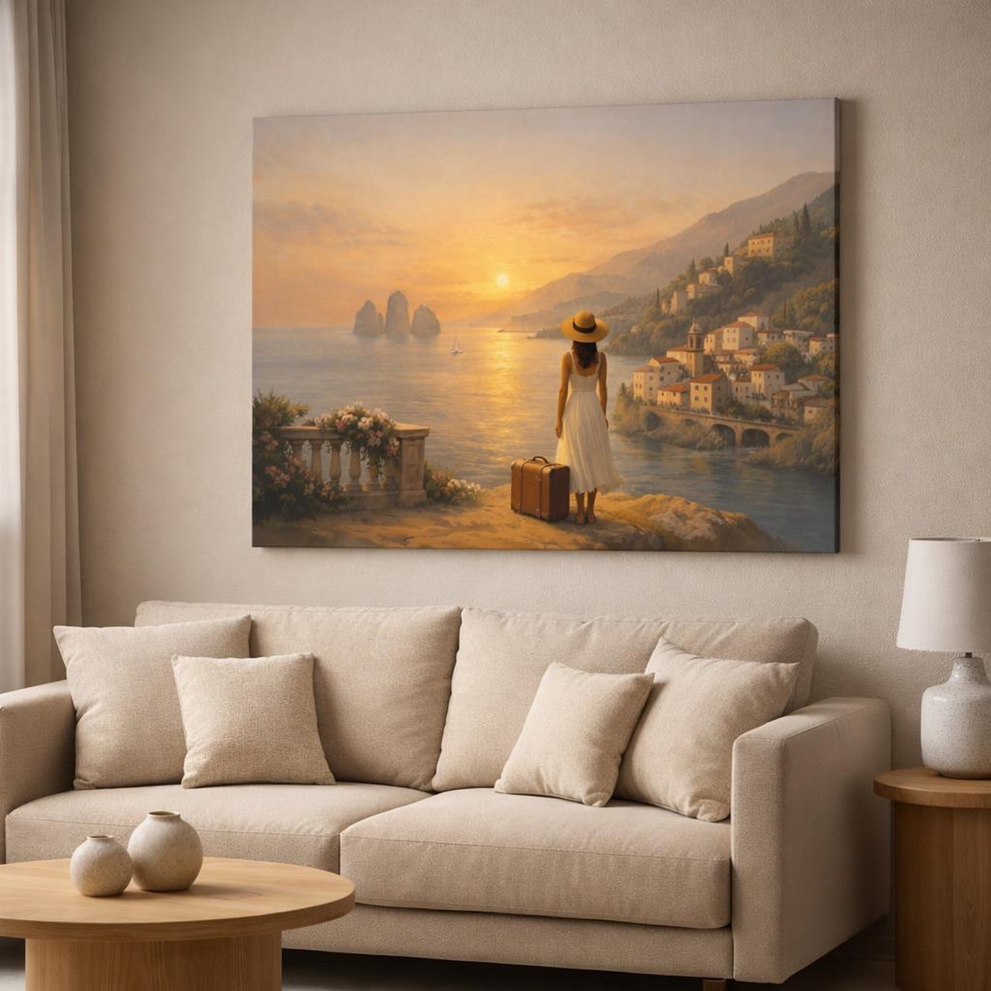Golden Glow Italian Coast shown as canvas wall art in a modern living room