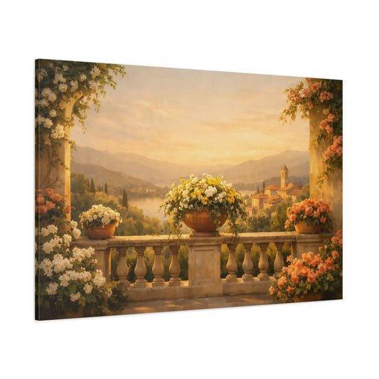 Main Mockup. Golden Glow Italian Flower Balcony shown as stretched canvas wall art
