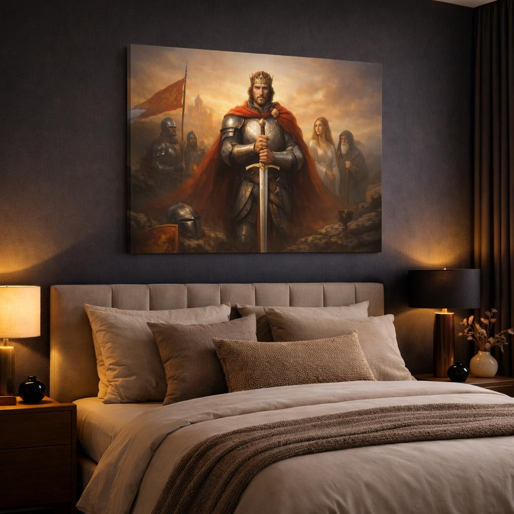 Golden Glow King Arthur shown as canvas wall art in a luxury bedroom