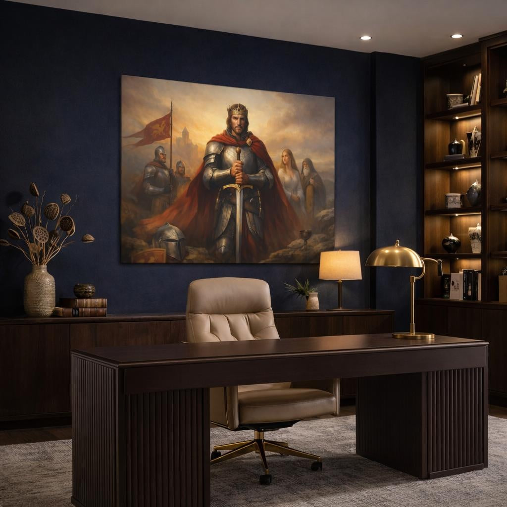 Golden Glow King Arthur shown as canvas wall art in a refined dining room