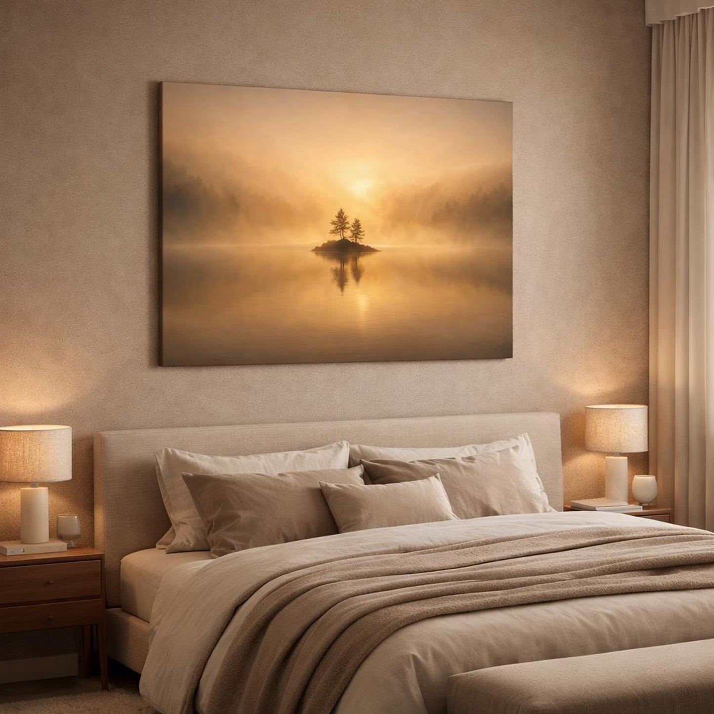 Golden Glow Lake Mist shown as canvas wall art in a luxury bedroom