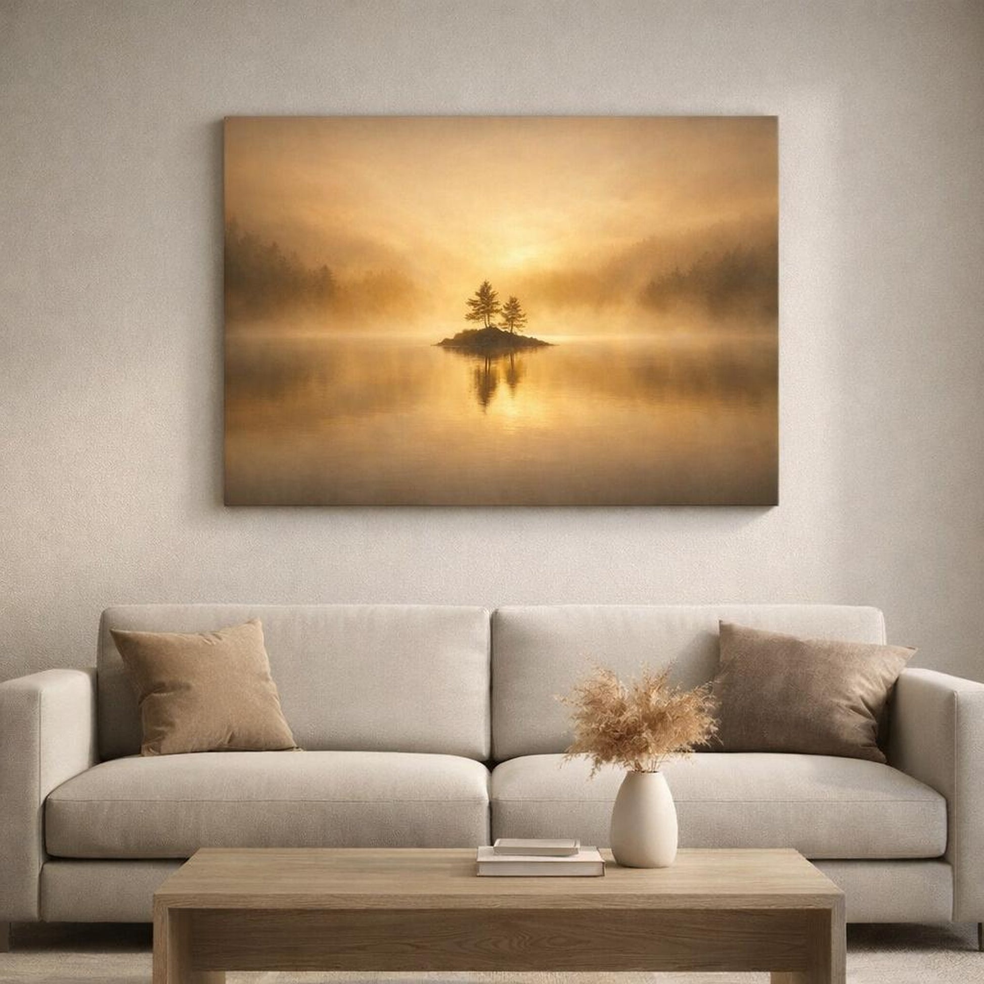 Golden Glow Lake Mist shown as canvas wall art in a luxury executive office