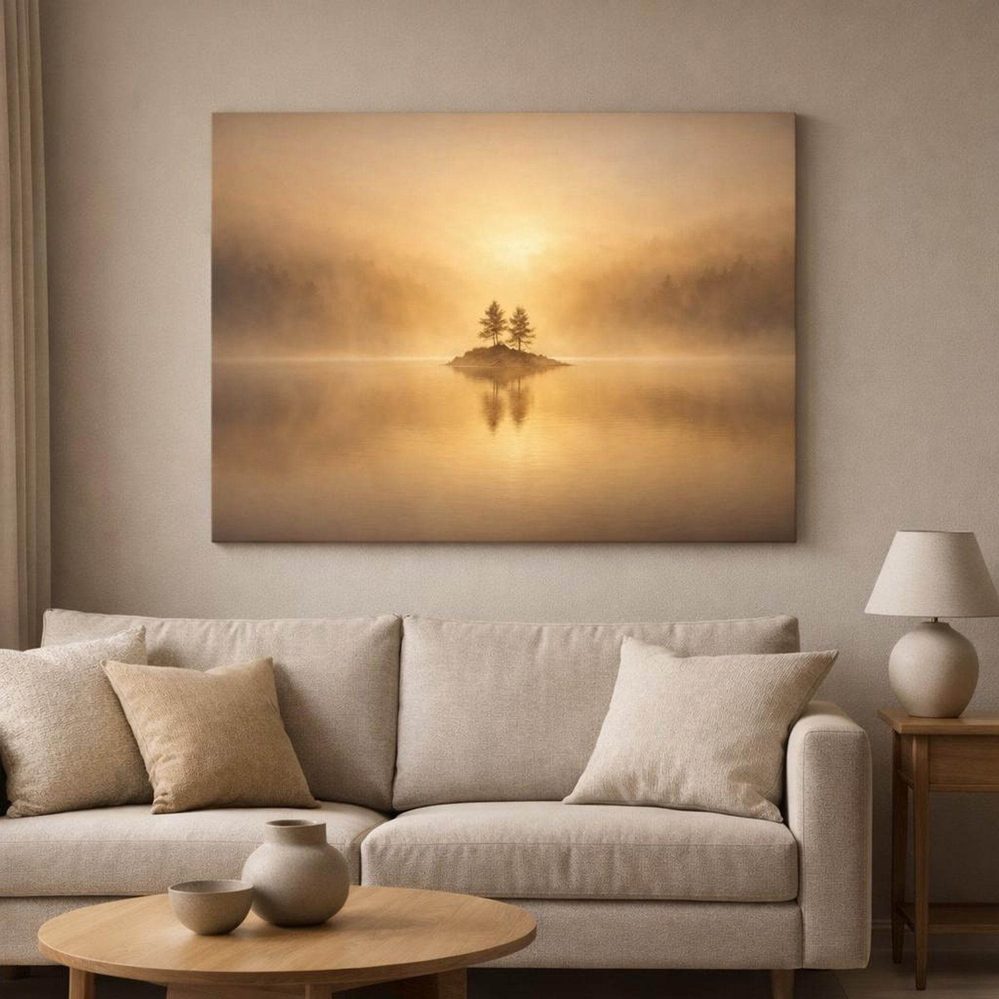 Golden Glow Lake Mist shown as canvas wall art in a modern living room