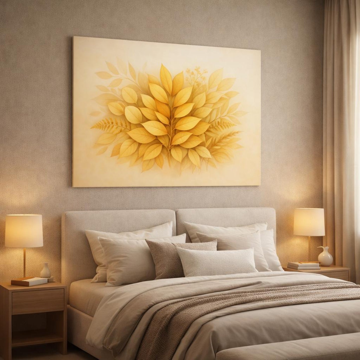 Golden Glow Leaves Botanical shown as canvas wall art in a luxury bedroom