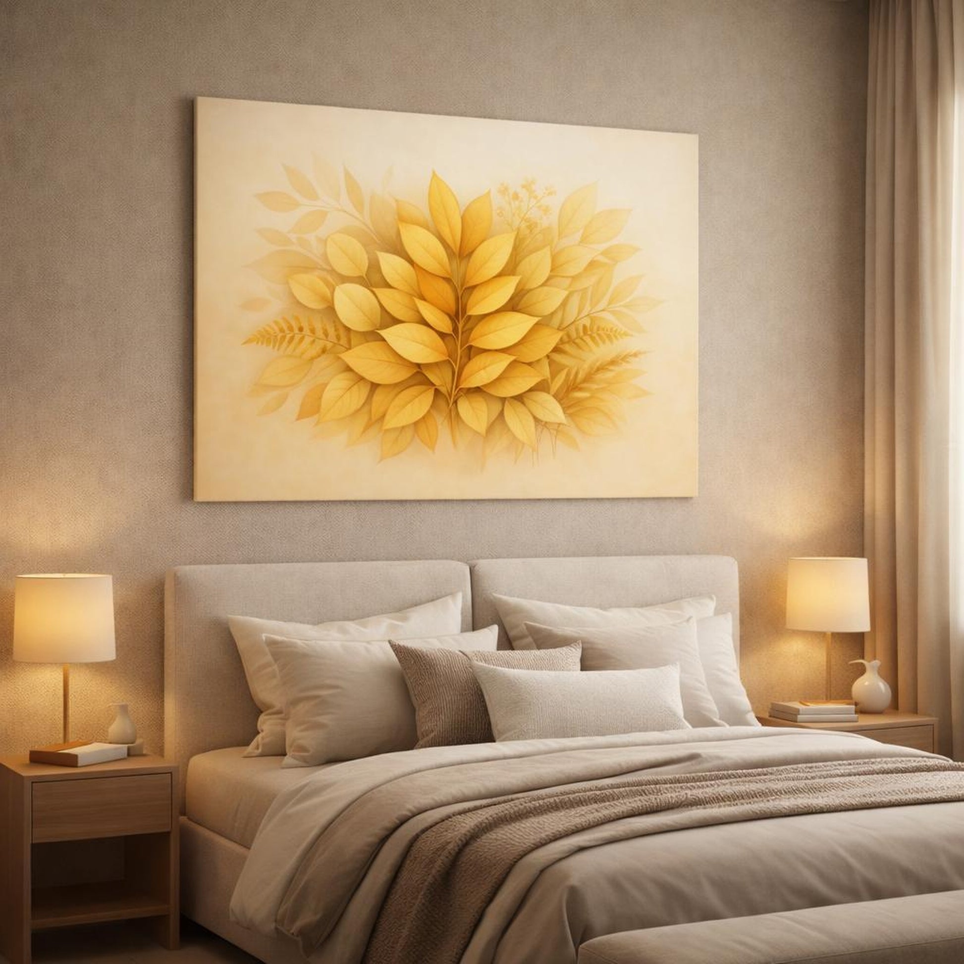Golden Glow Leaves Botanical shown as canvas wall art in a luxury bedroom
