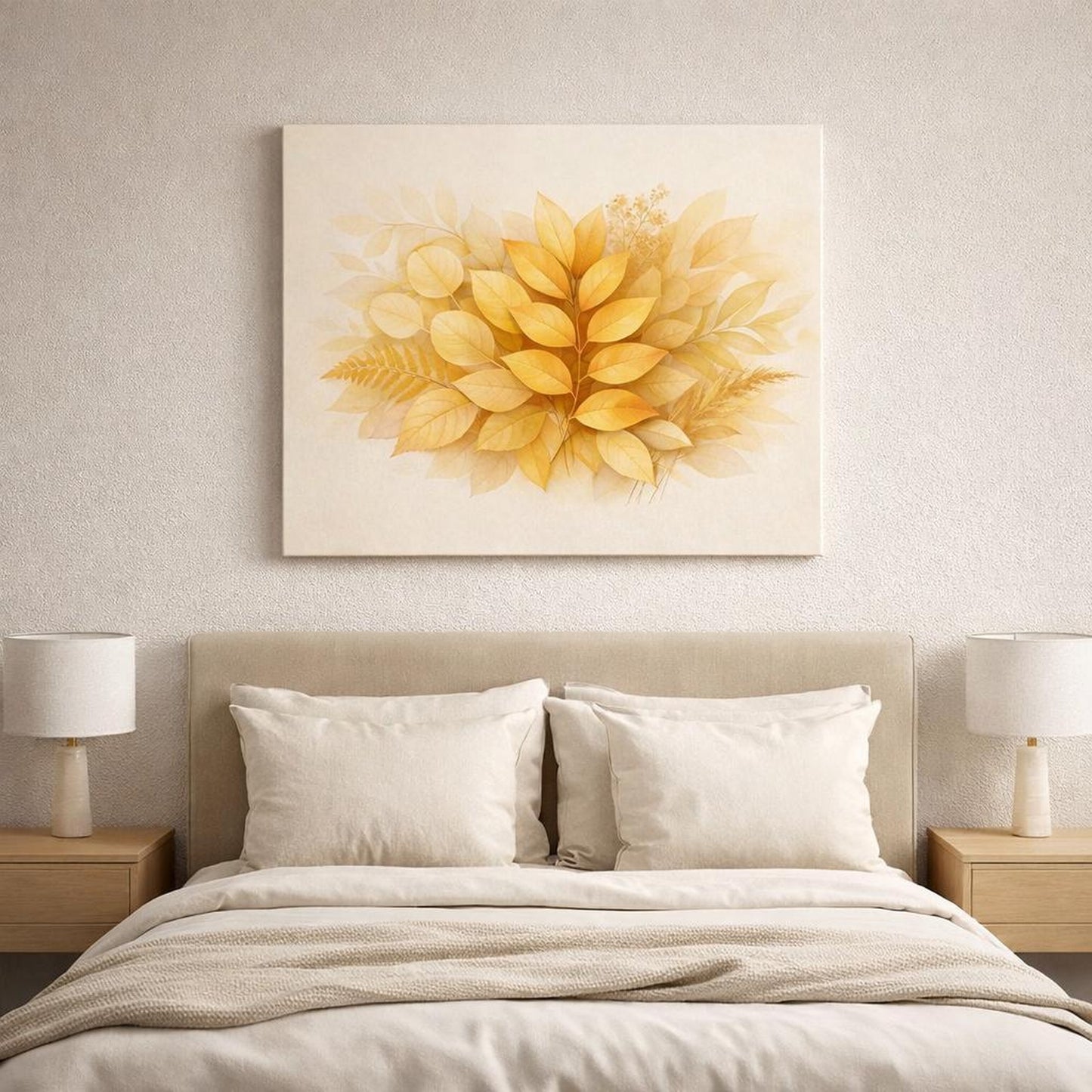 Golden Glow Leaves Botanical shown as canvas wall art in a refined dining room