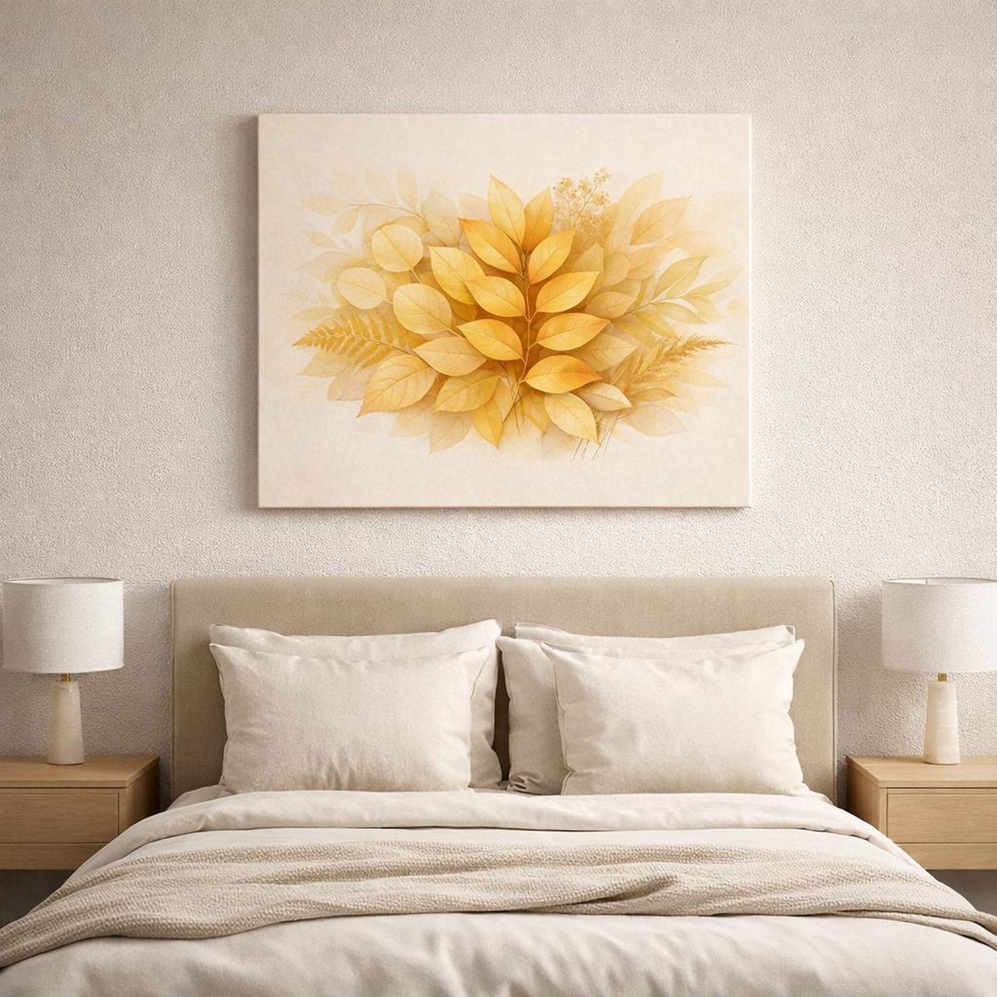 Golden Glow Leaves Botanical shown as canvas wall art in a refined dining room