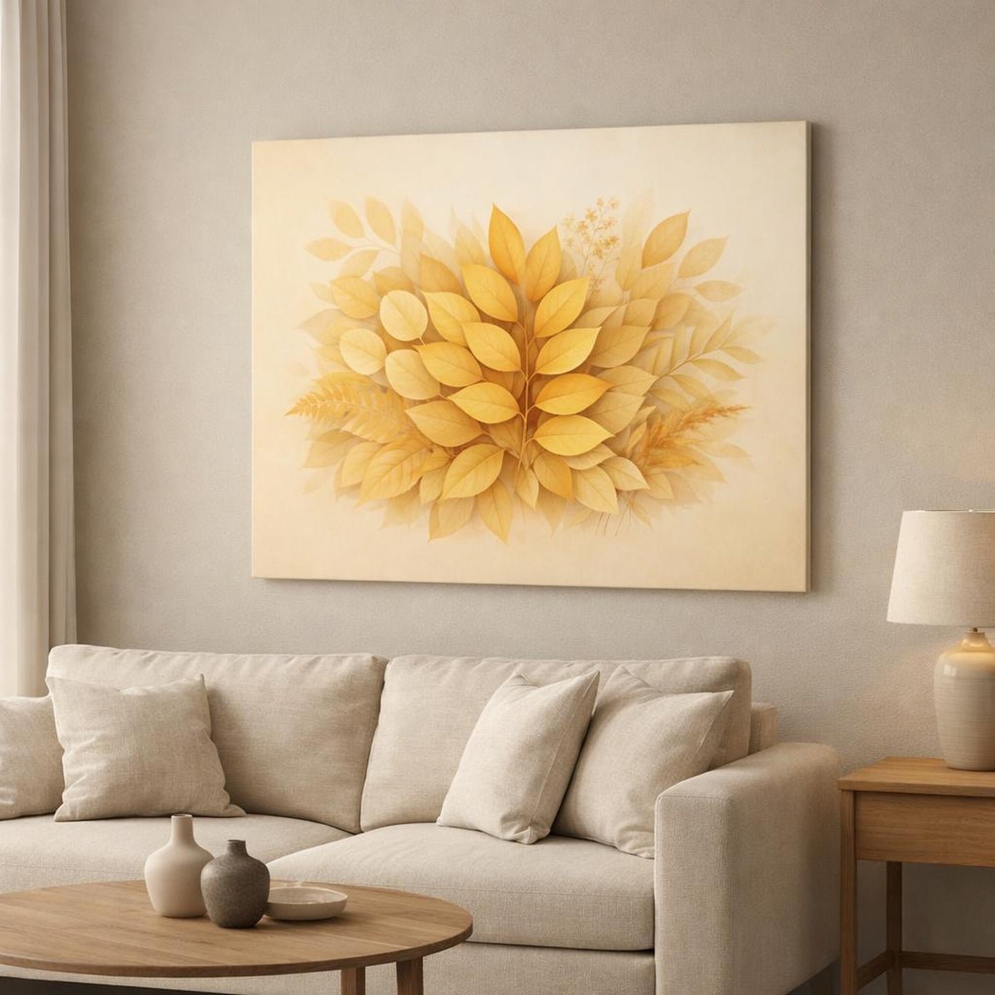 Golden Glow Leaves Botanical shown as canvas wall art in a modern living room