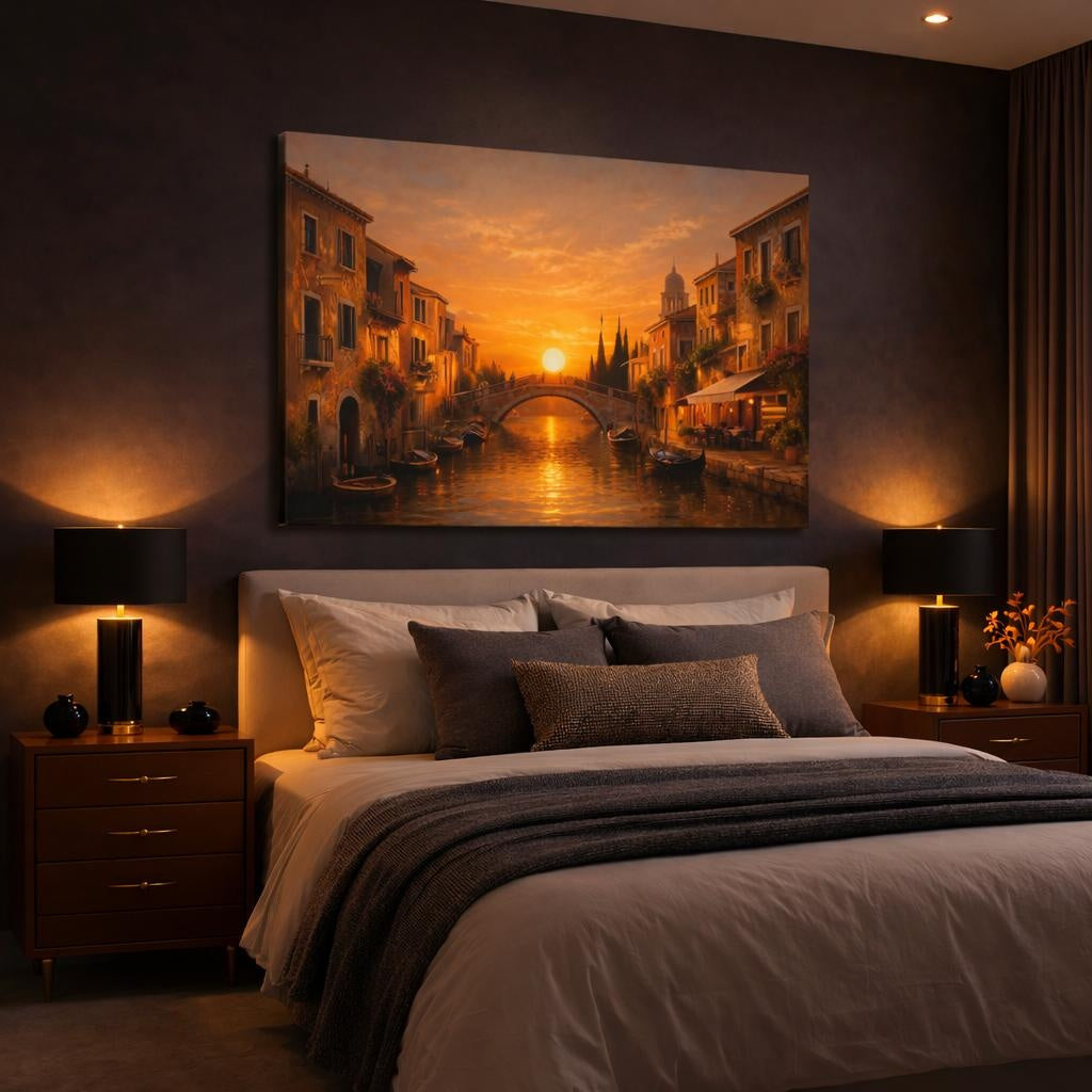 Golden Glow Mediterranean Canal shown as canvas wall art in a luxury bedroom