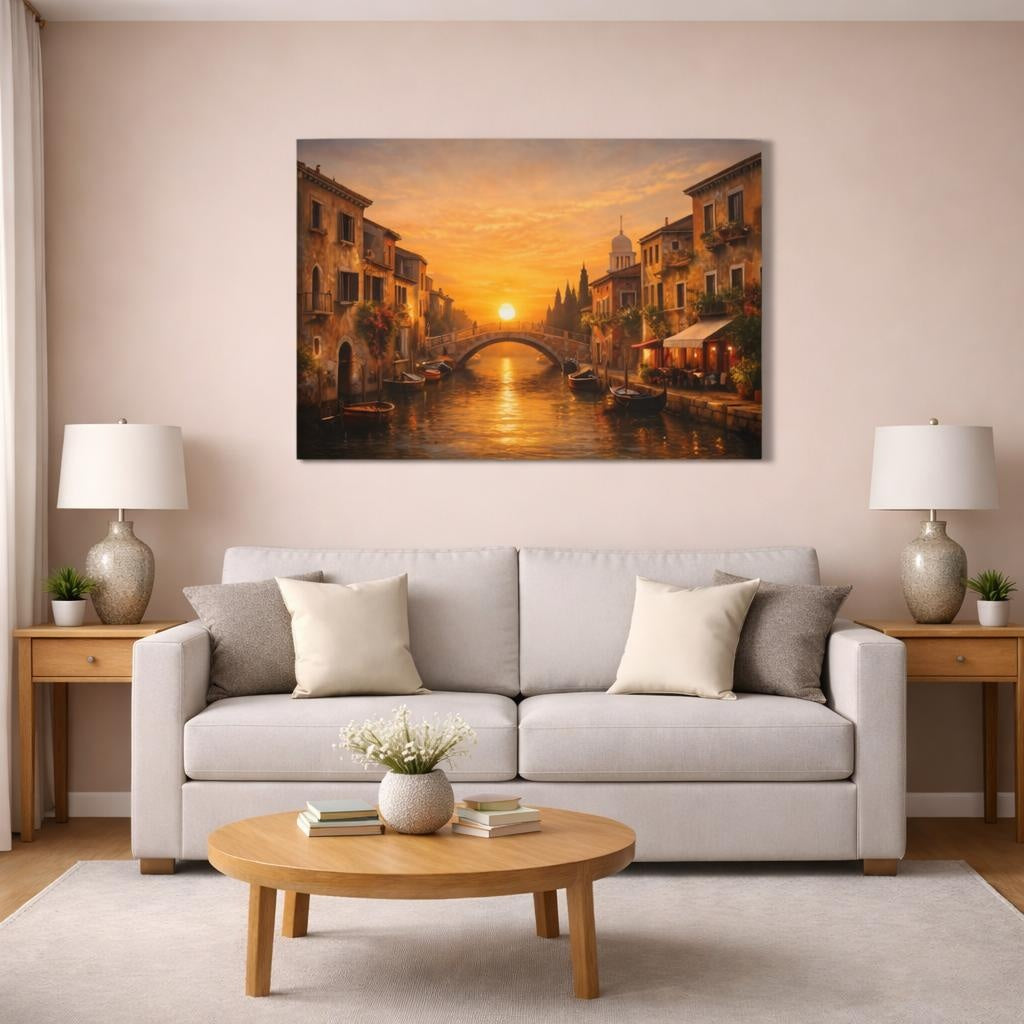 Golden Glow Mediterranean Canal shown as canvas wall art in a modern living room