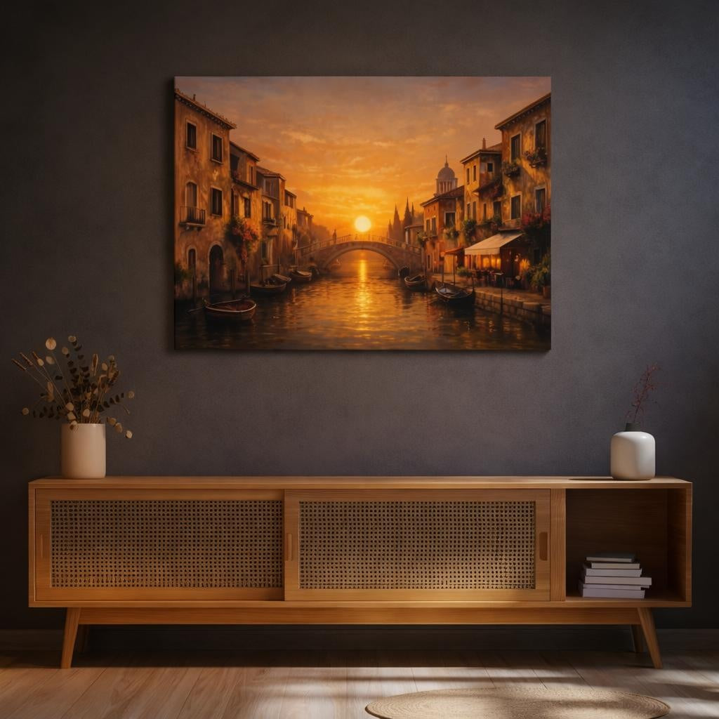 Golden Glow Mediterranean Canal shown as canvas wall art in a refined dining room