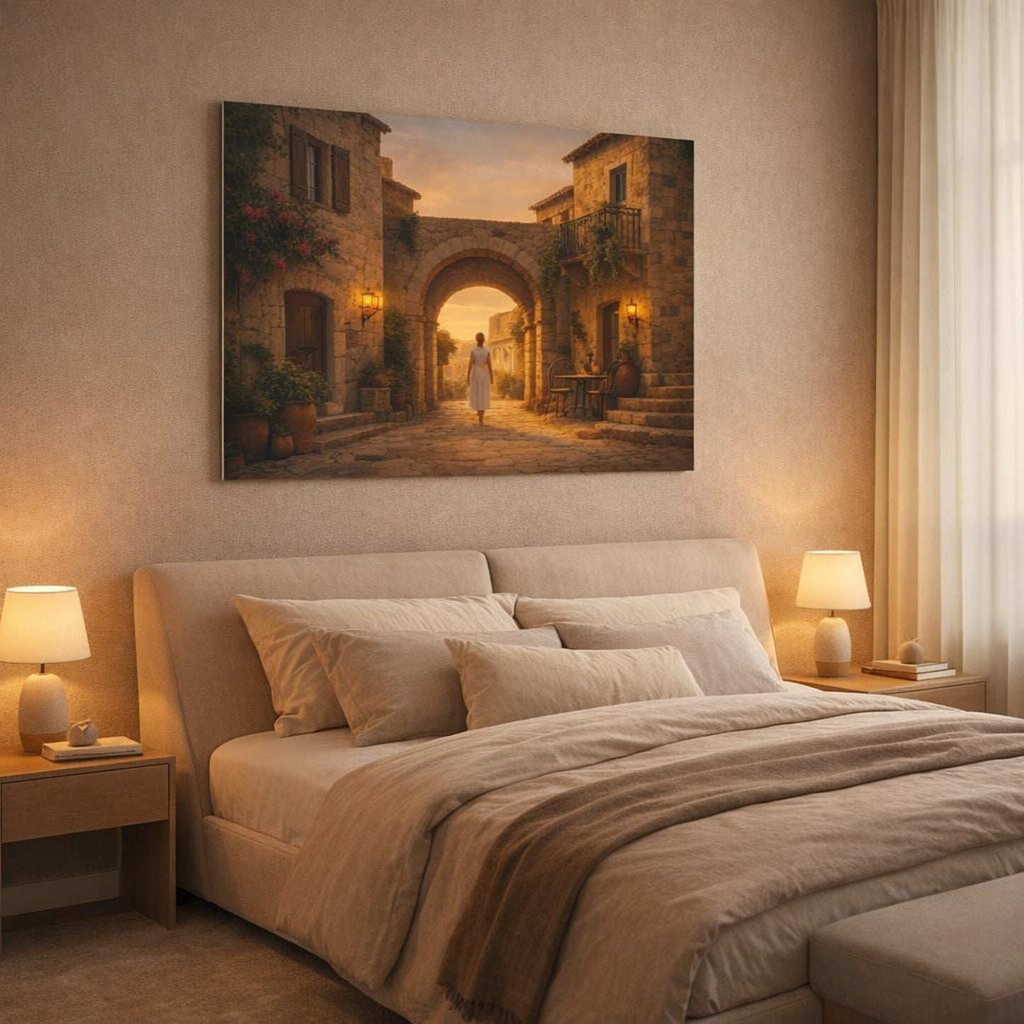 Golden Glow Mediterranean Old Street shown as canvas wall art in a luxury bedroom