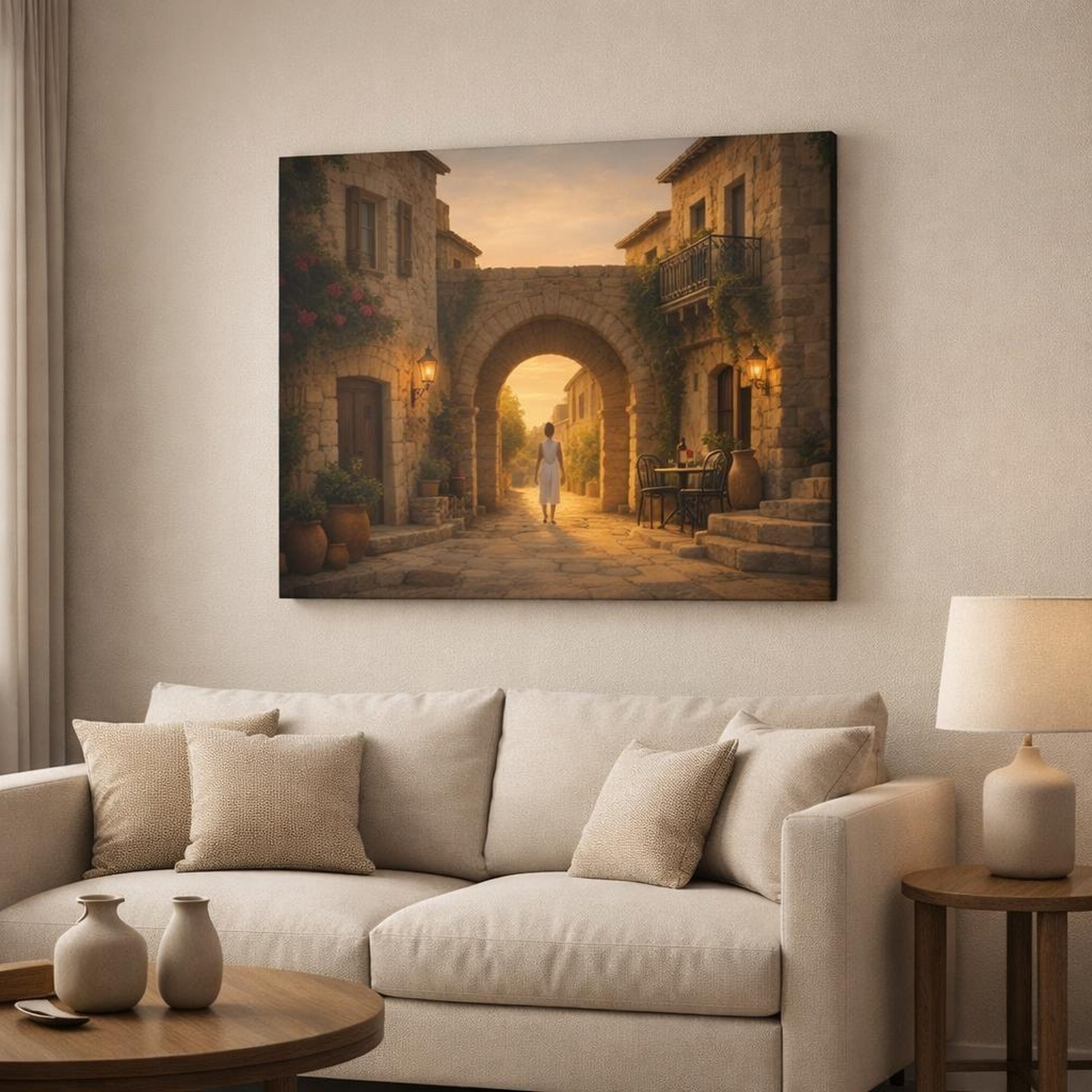 Golden Glow Mediterranean Old Street shown as canvas wall art in a modern living room