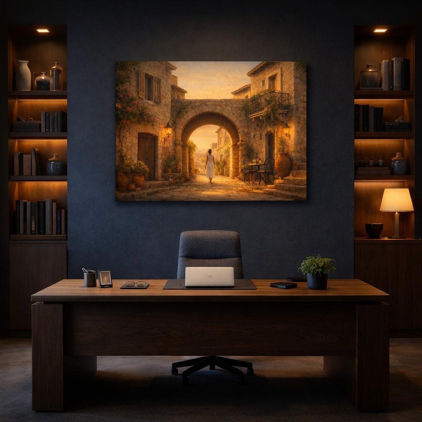 Golden Glow Mediterranean Old Street shown as canvas wall art in a refined dining room