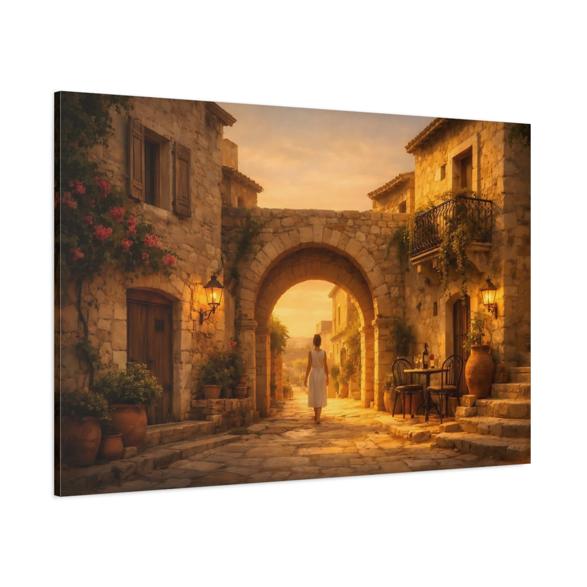 Golden Glow Mediterranean Old Street shown as stretched canvas wall art