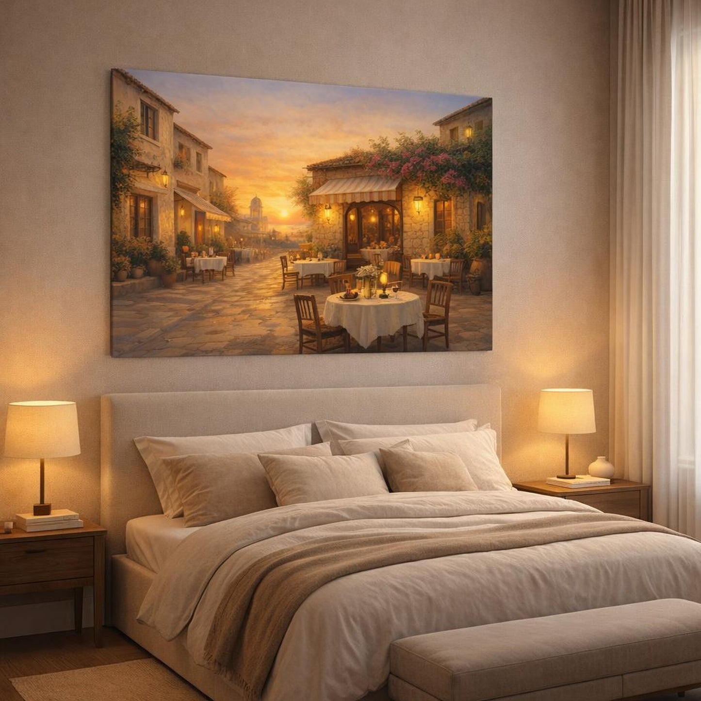 Golden Glow Mediterranean Street Cafe shown as canvas wall art in a luxury bedroom