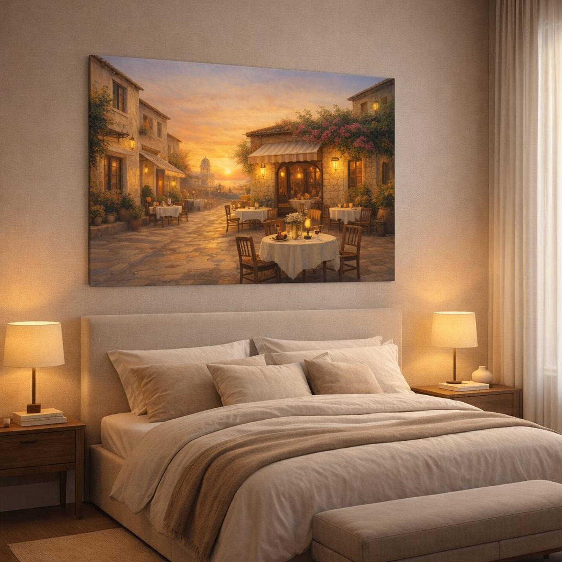 Golden Glow Mediterranean Street Cafe shown as canvas wall art in a luxury bedroom
