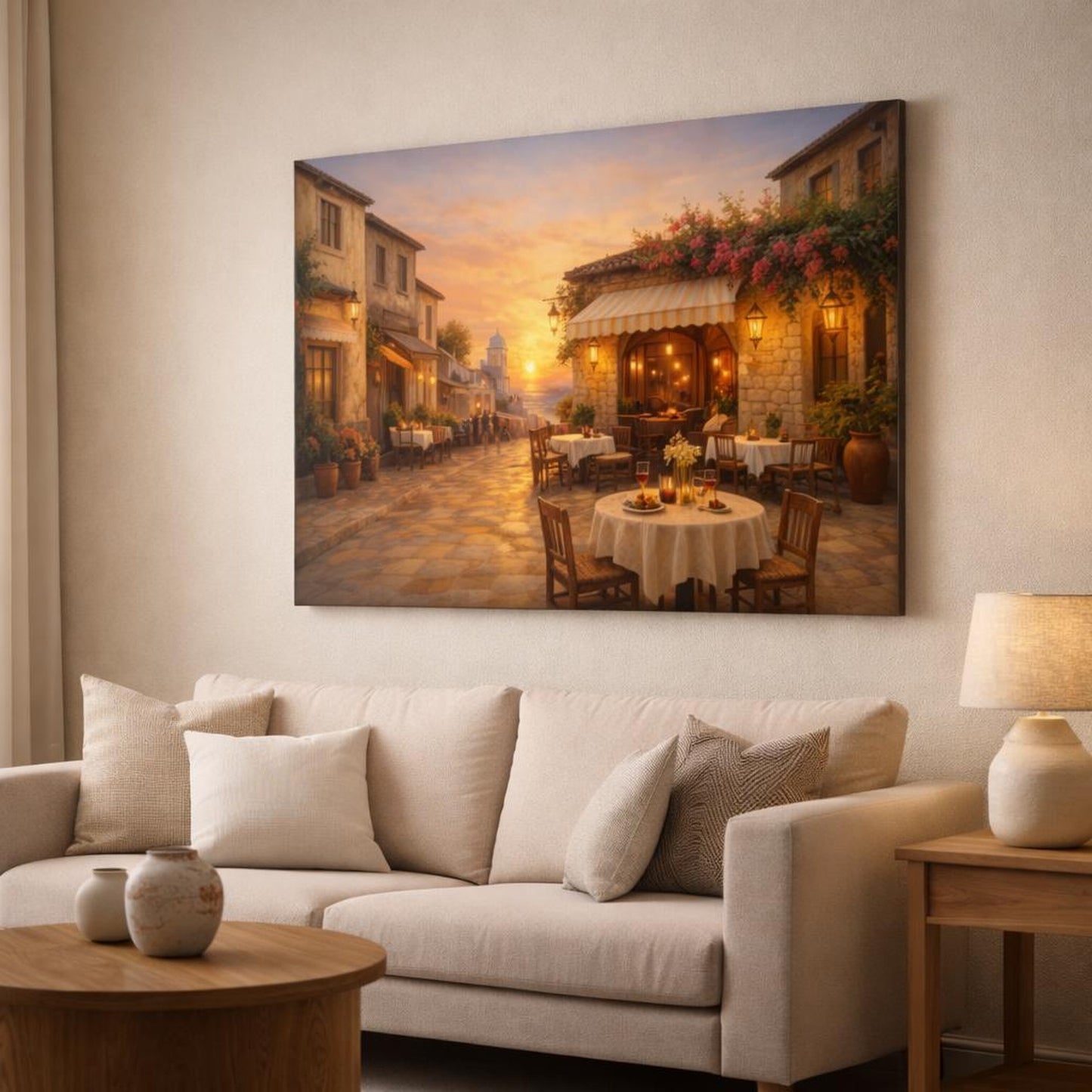 Golden Glow Mediterranean Street Cafe shown as canvas wall art in a modern living room