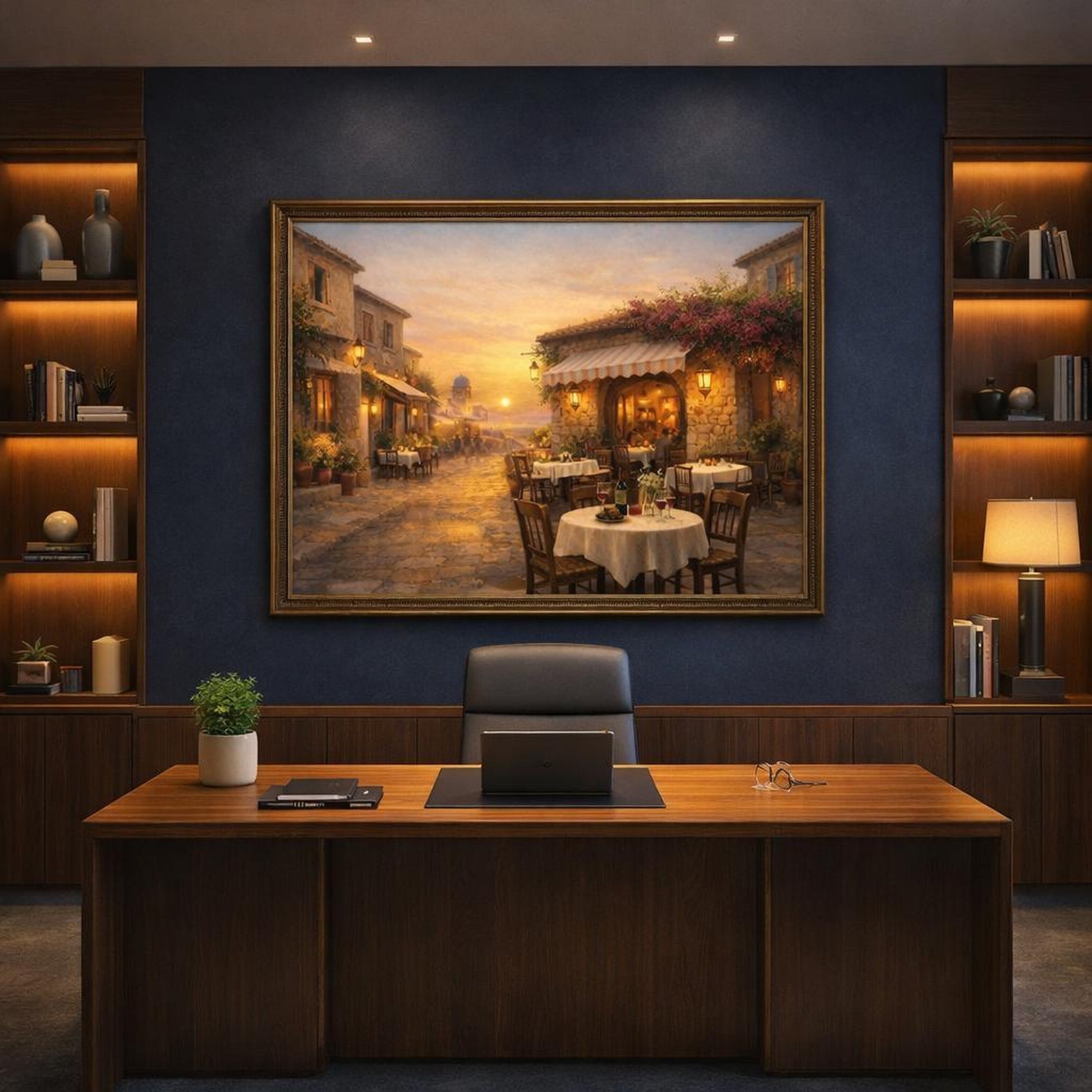 Golden Glow Mediterranean Street Cafe shown as canvas wall art in a refined dining room