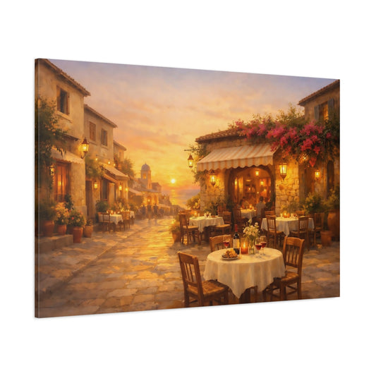 Golden Glow Mediterranean Street Cafe shown as stretched canvas wall art