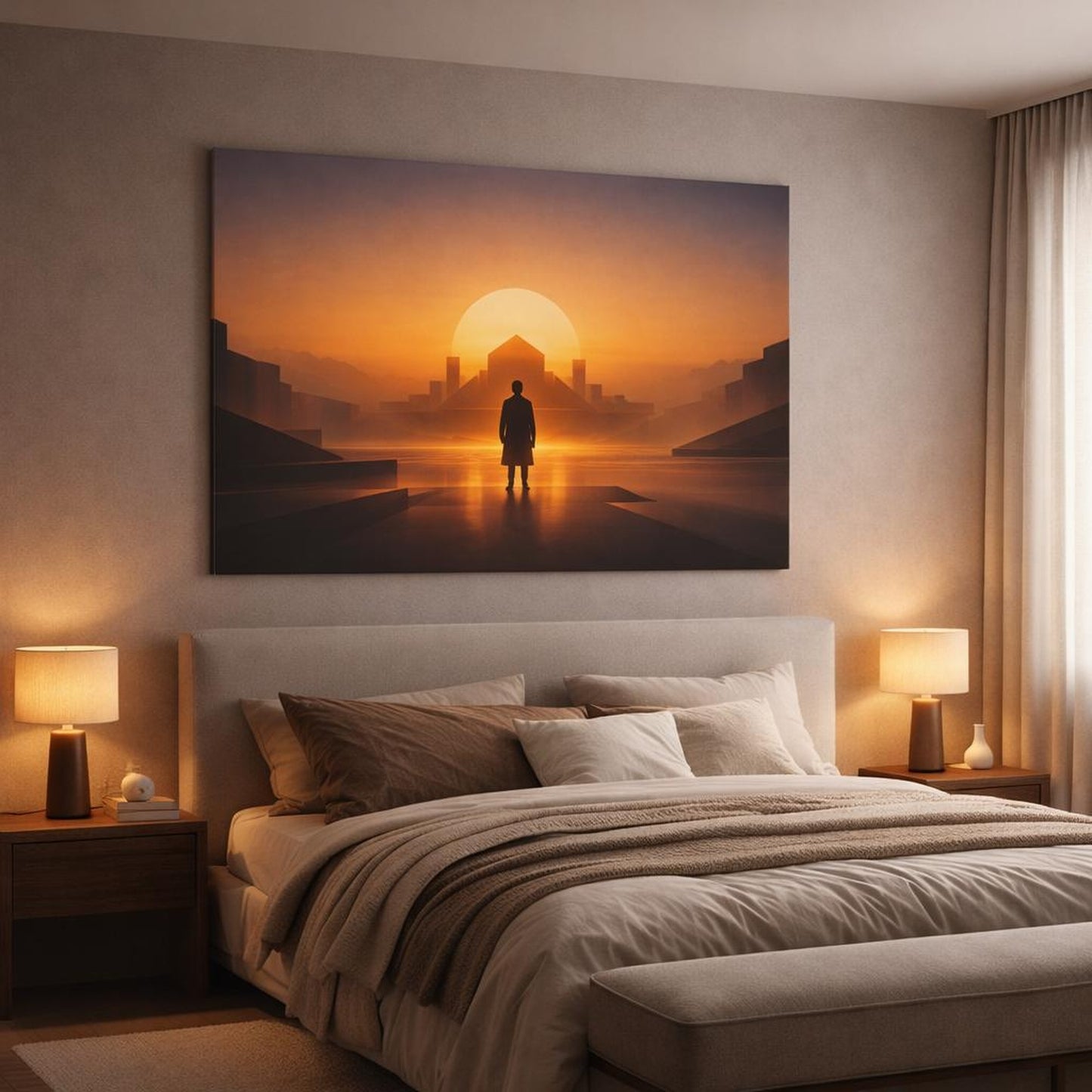Golden Glow Modern Geometry shown as canvas wall art in a luxury bedroom