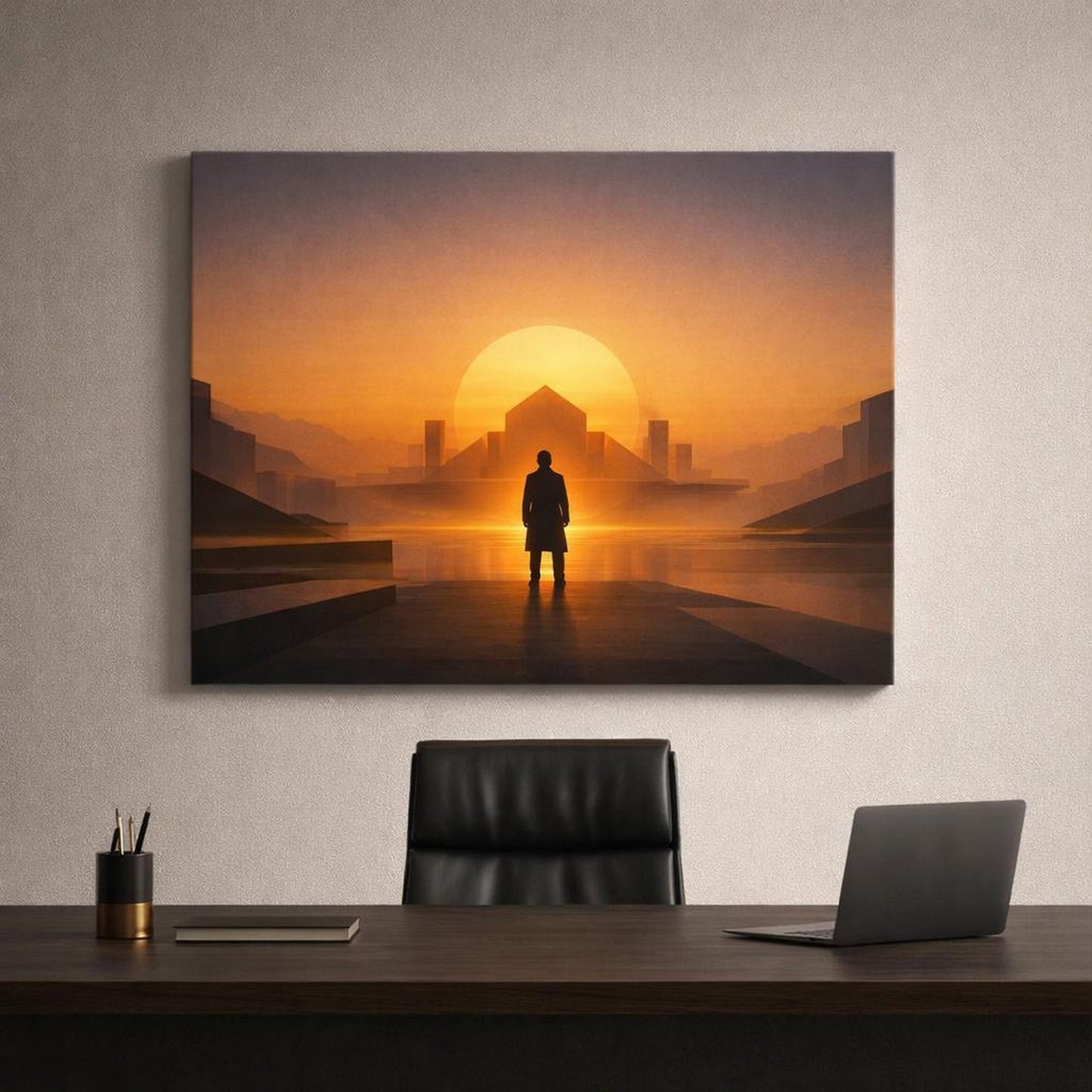 Golden Glow Modern Geometry shown as canvas wall art in a refined dining room
