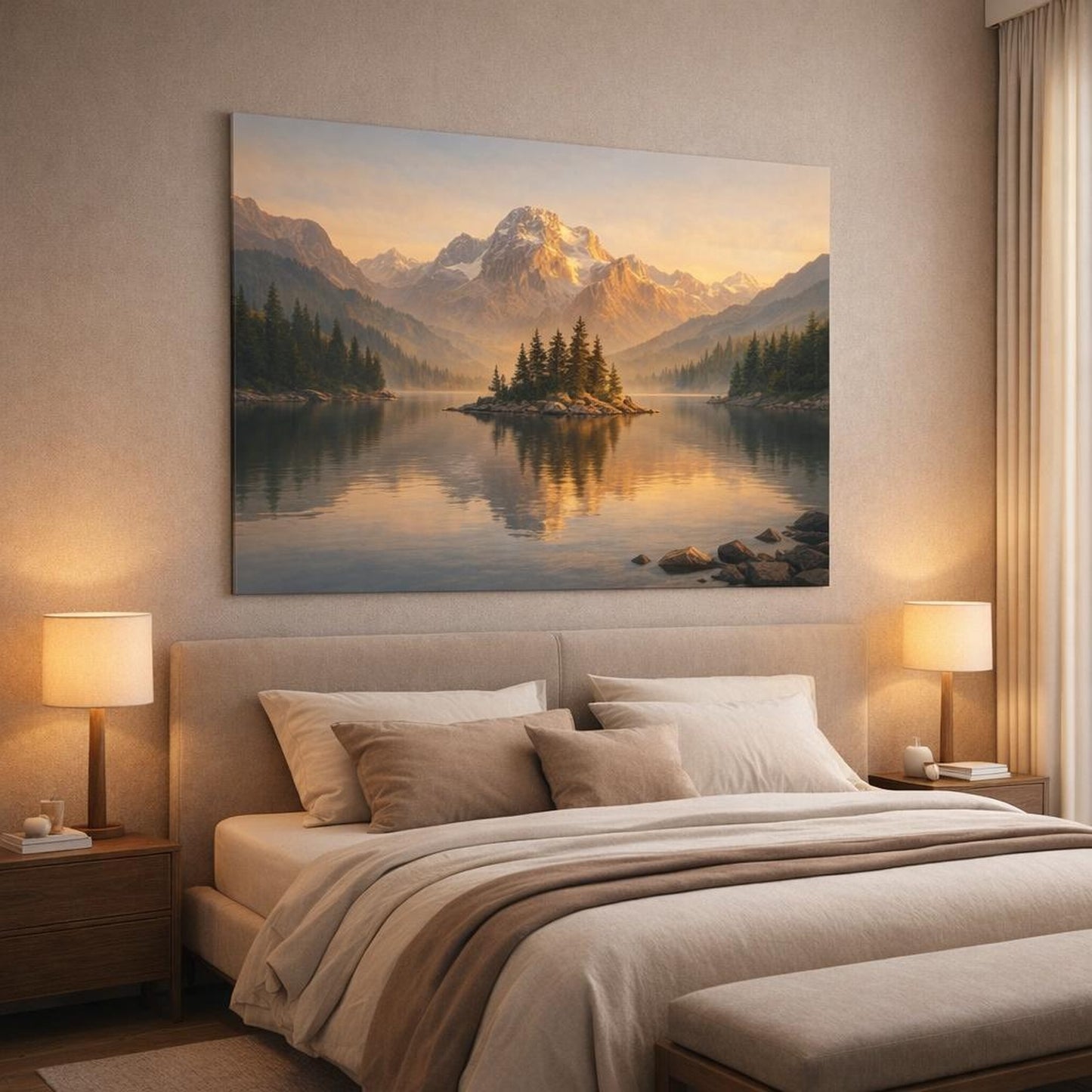 Golden Glow Mountain Lake shown as canvas wall art in a luxury bedroom