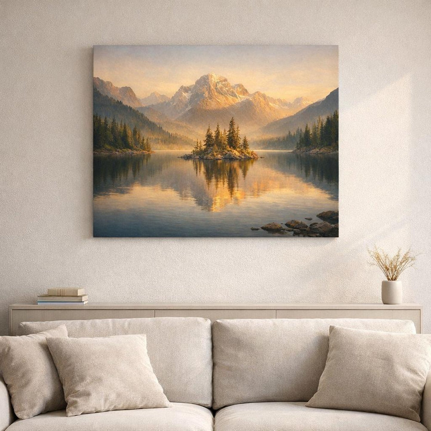 Golden Glow Mountain Lake shown as canvas wall art in a refined dining room