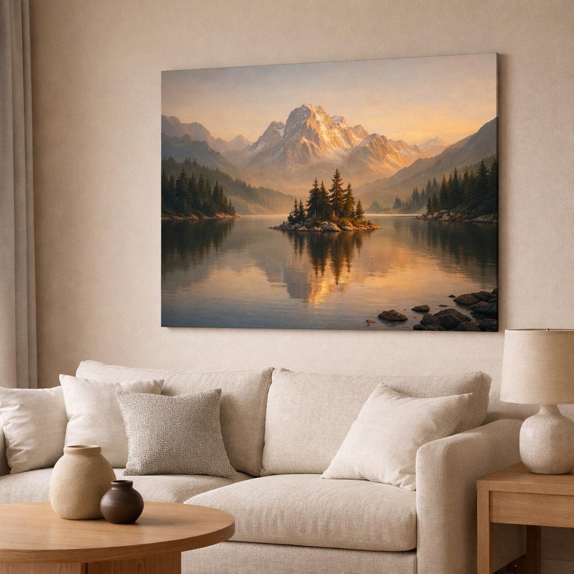 Golden Glow Mountain Lake shown as canvas wall art in a modern living room