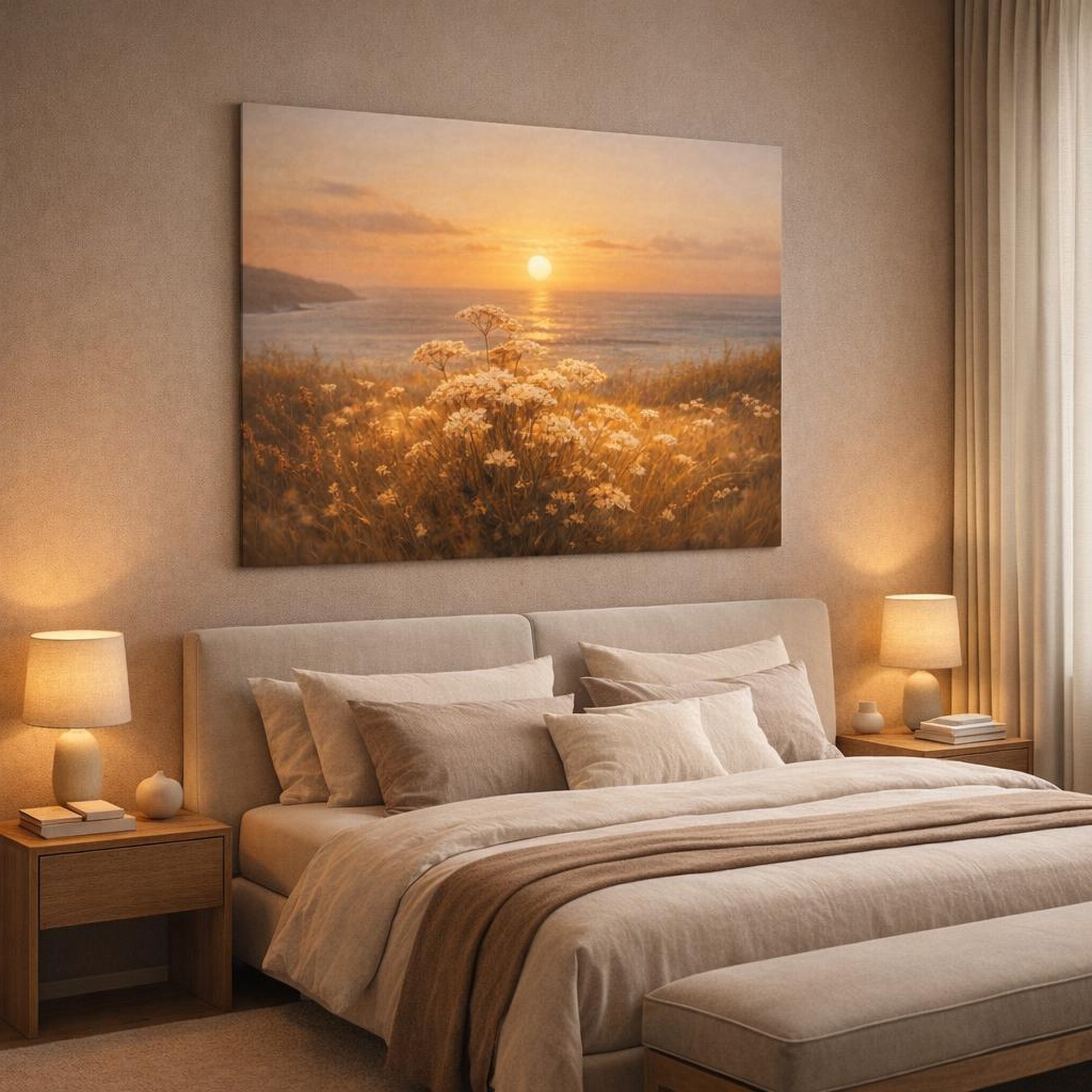 Golden Glow Ocean Meadow shown as canvas wall art in a luxury bedroom