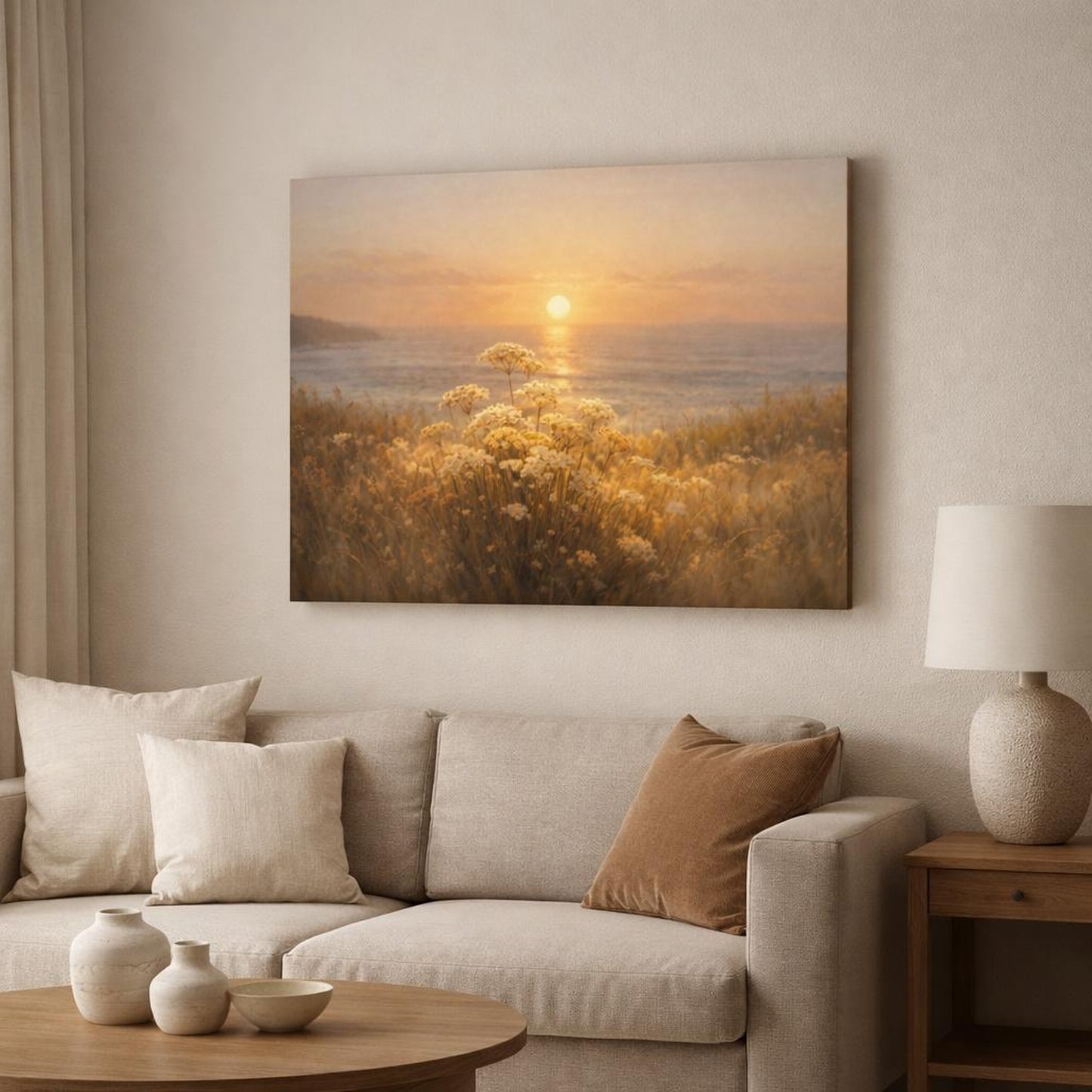 Golden Glow Ocean Meadow shown as canvas wall art in a modern living room