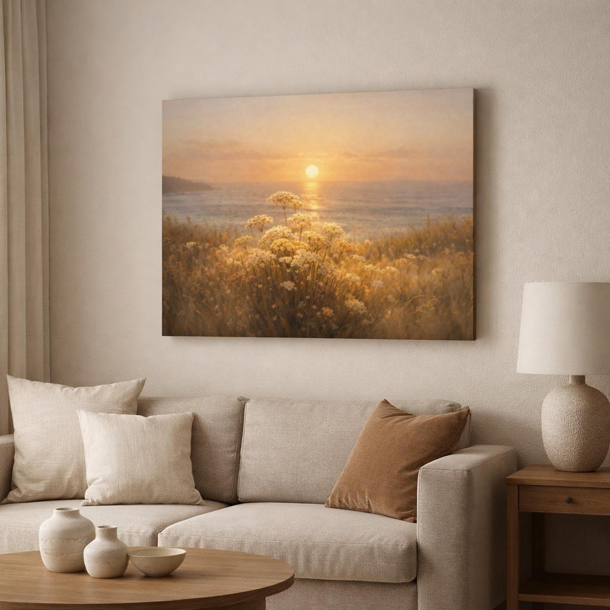 Golden Glow Ocean Meadow shown as canvas wall art in a modern living room