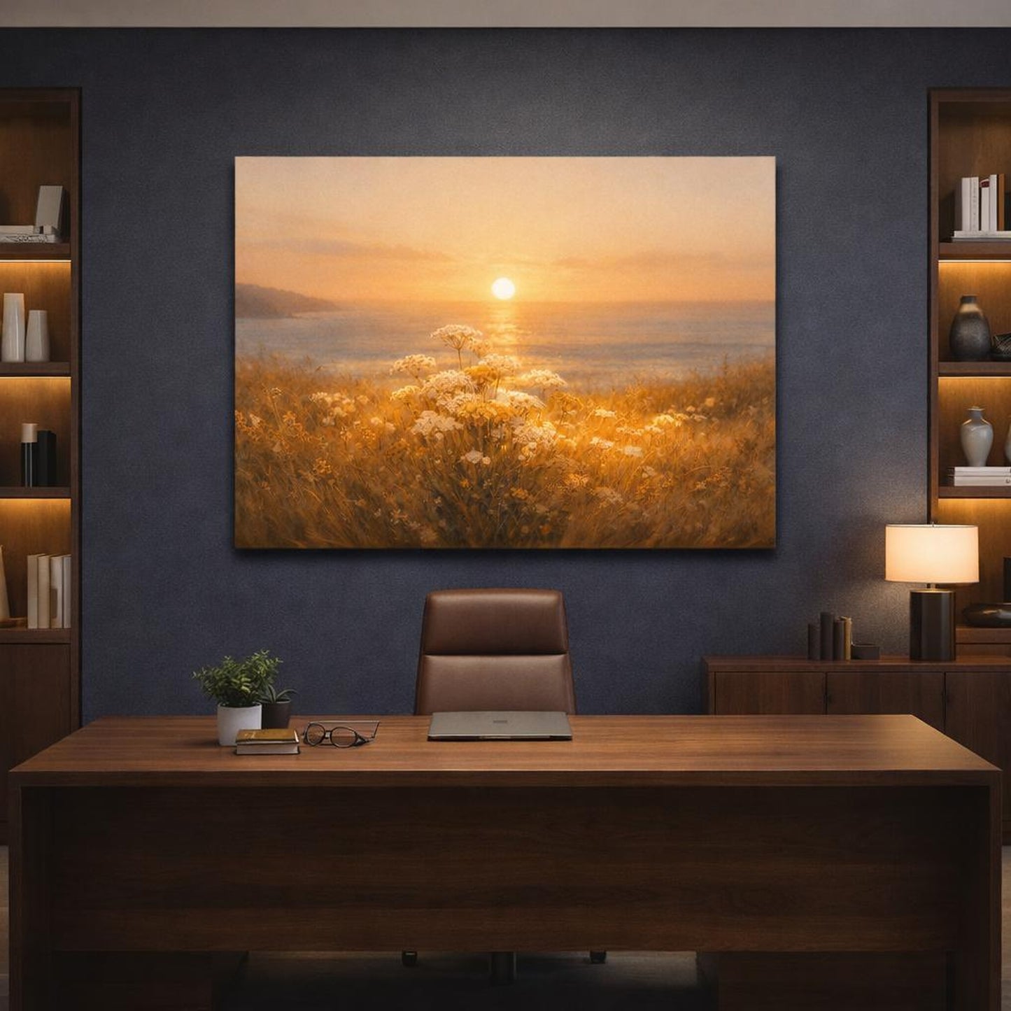 Golden Glow Ocean Meadow shown as canvas wall art in a refined dining room