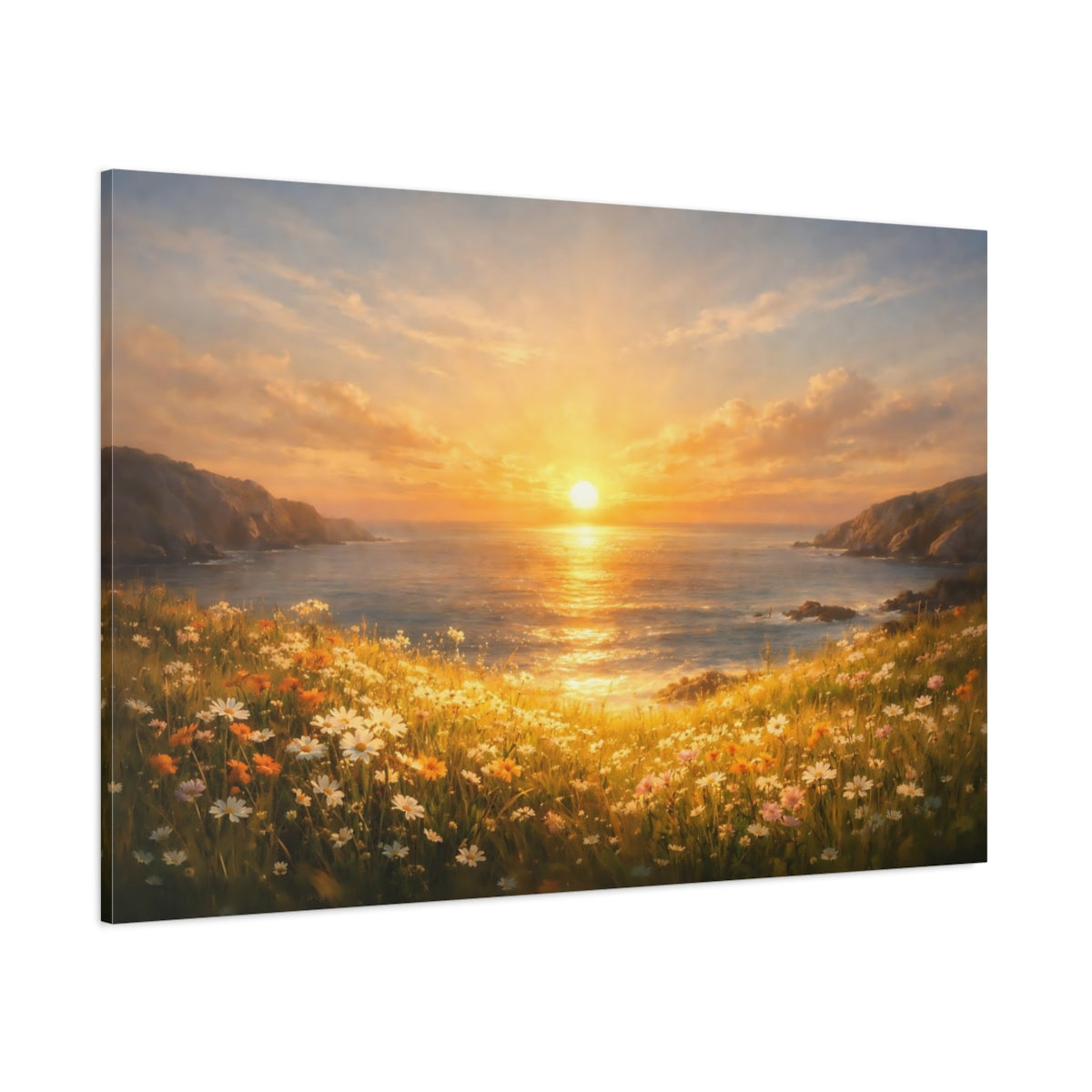 Main Mockup. Golden Glow Ocean Meadow shown as stretched canvas wall art